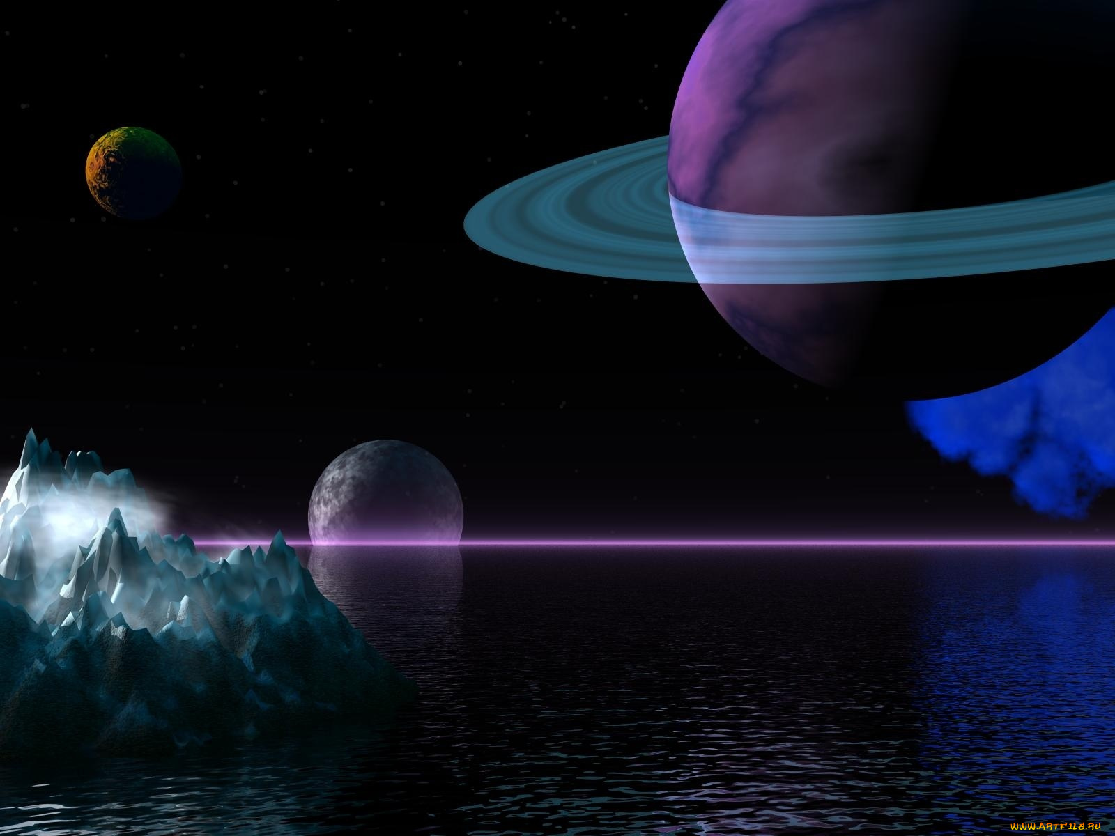космос, арт, горы, вода, планеты