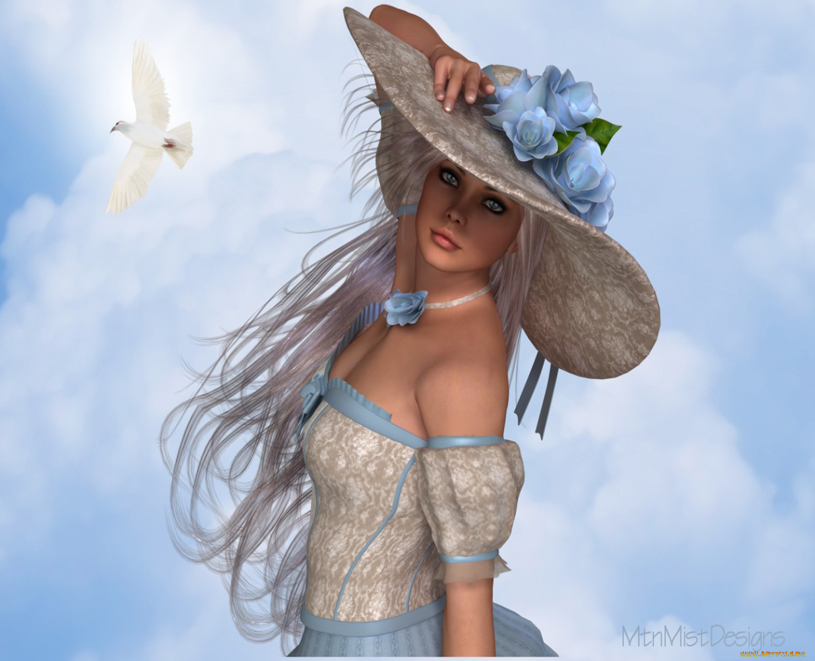 3д, графика, people, люди, цветы, птичка, шляпа, девушка