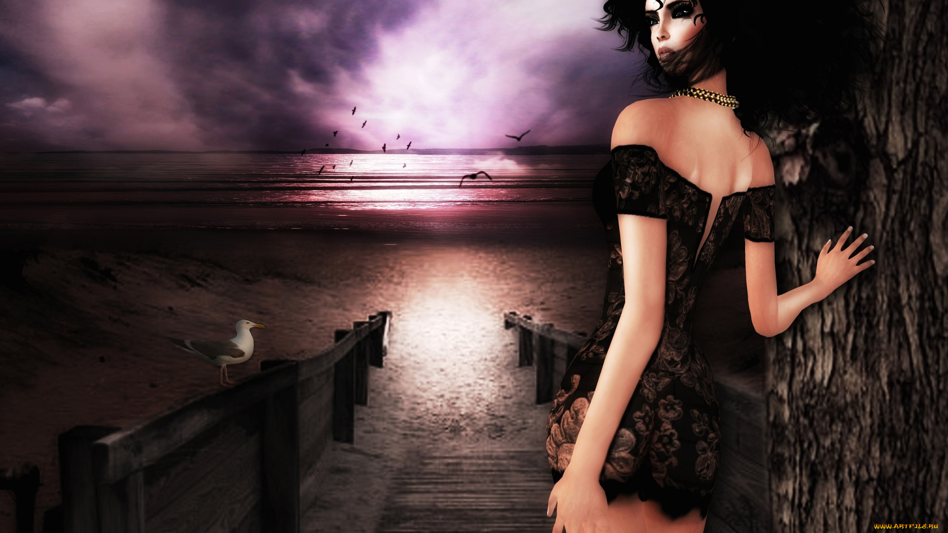 3д, графика, people, люди, девушка, причал, море, чайки