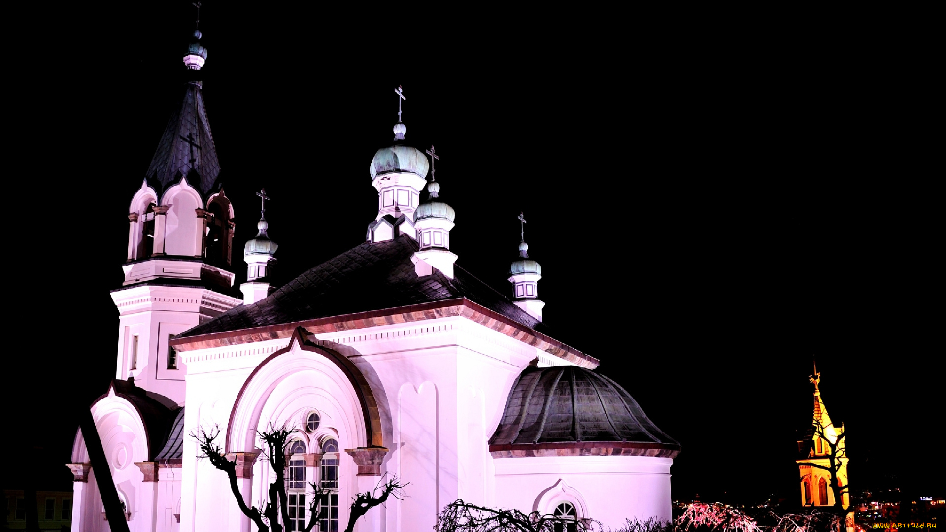 города, католические, соборы, костелы, аббатства, купола, ночь, освещения