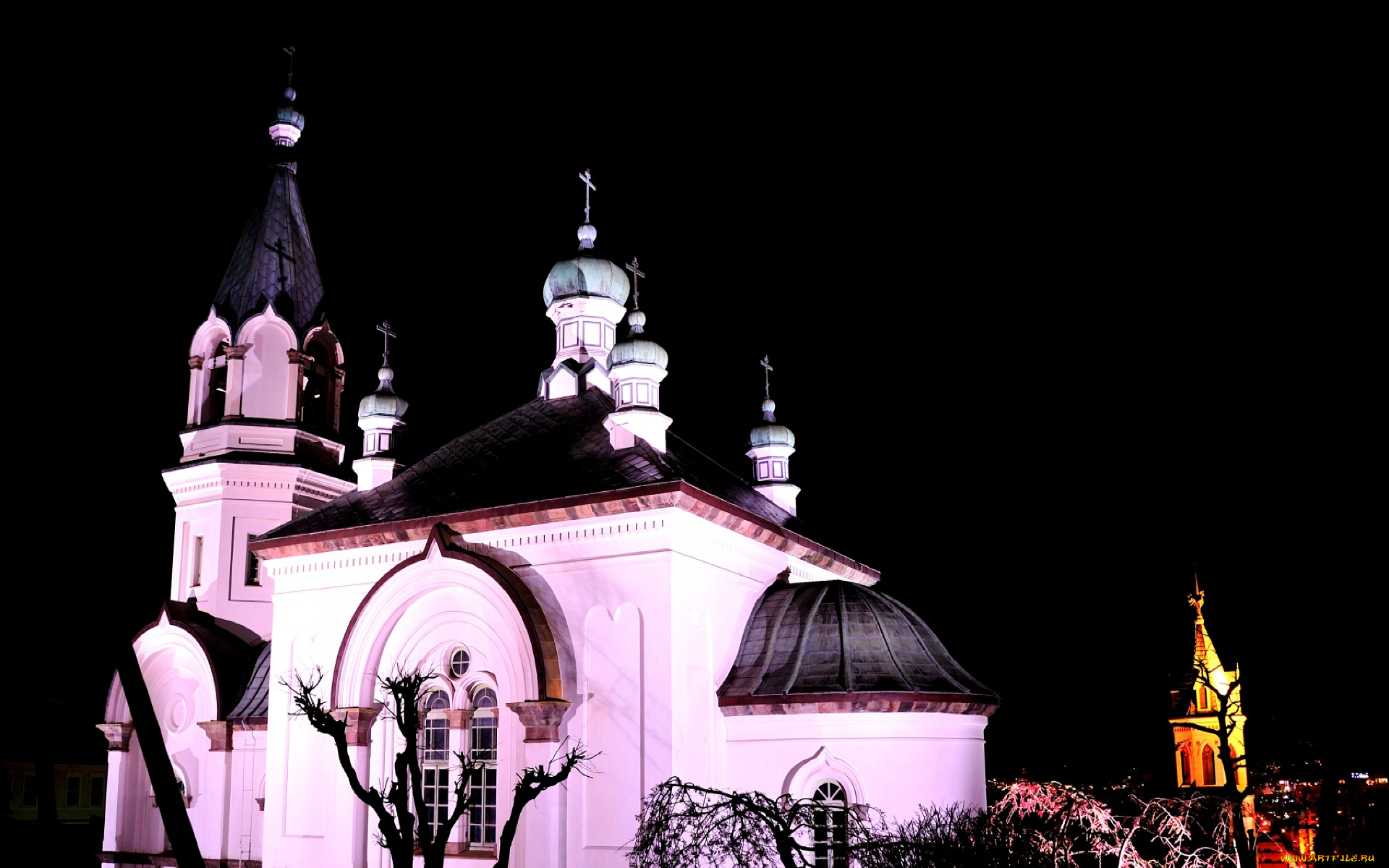 города, католические, соборы, костелы, аббатства, купола, ночь, освещения