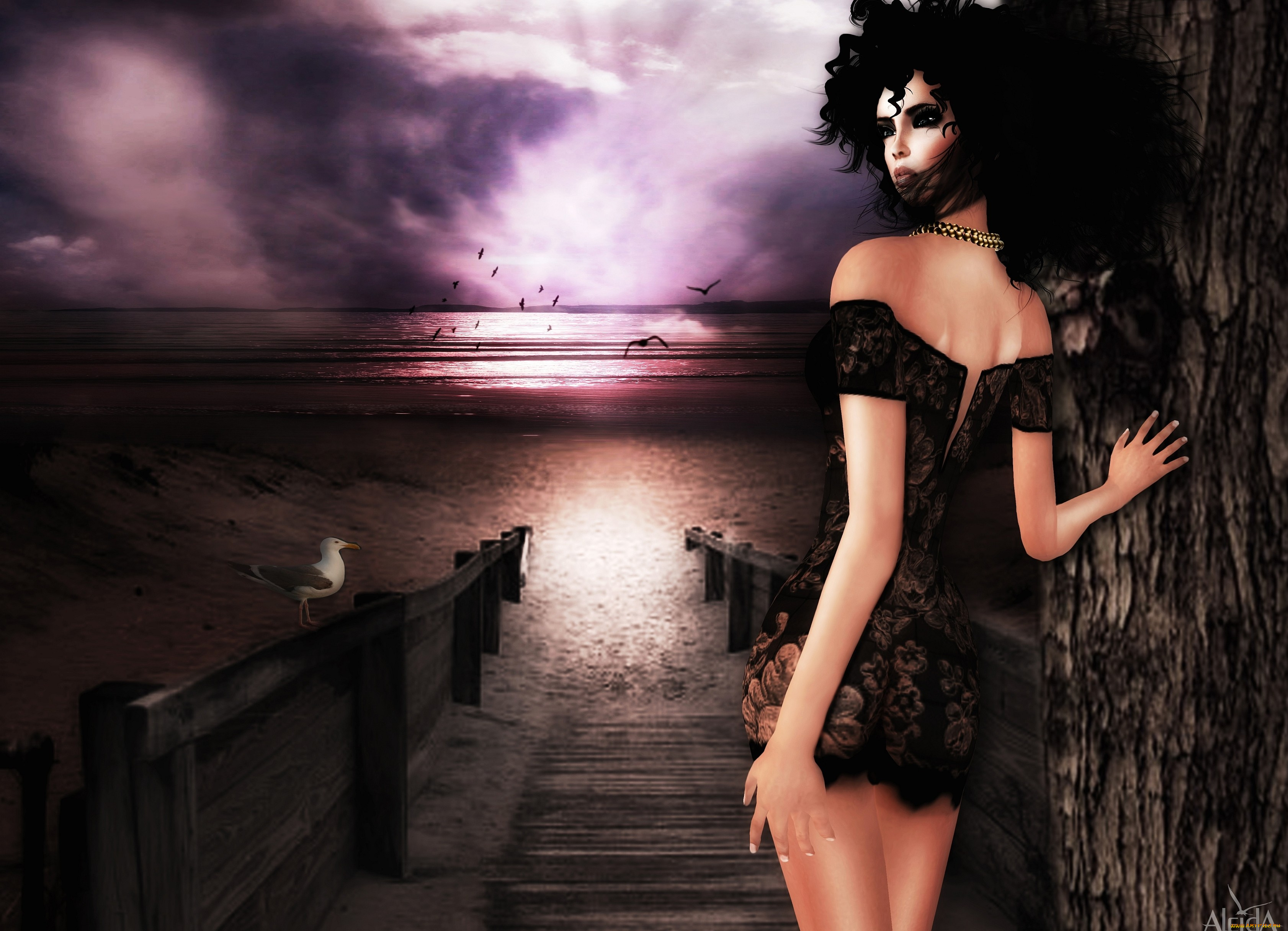 3д, графика, people, люди, девушка, причал, море, чайки