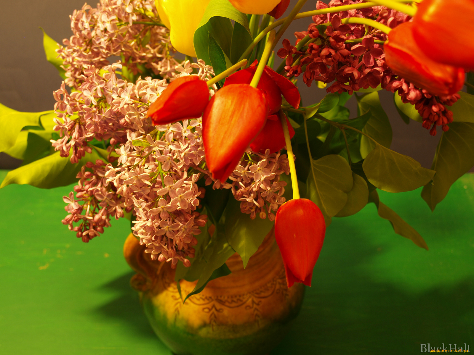 цветы, разные, вместе, сирень, тюльпаны