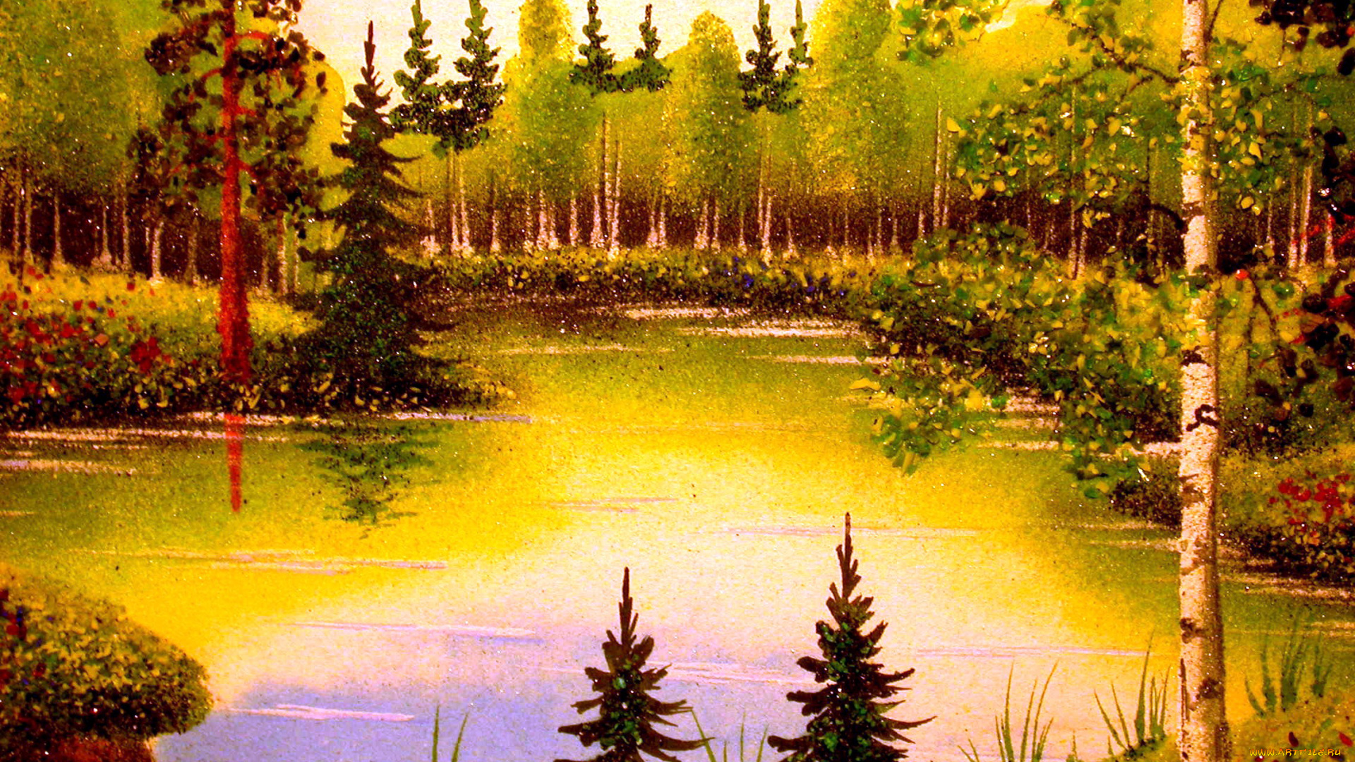 каменный, лес, рисованные, природа, деревья, березы, ели, озеро