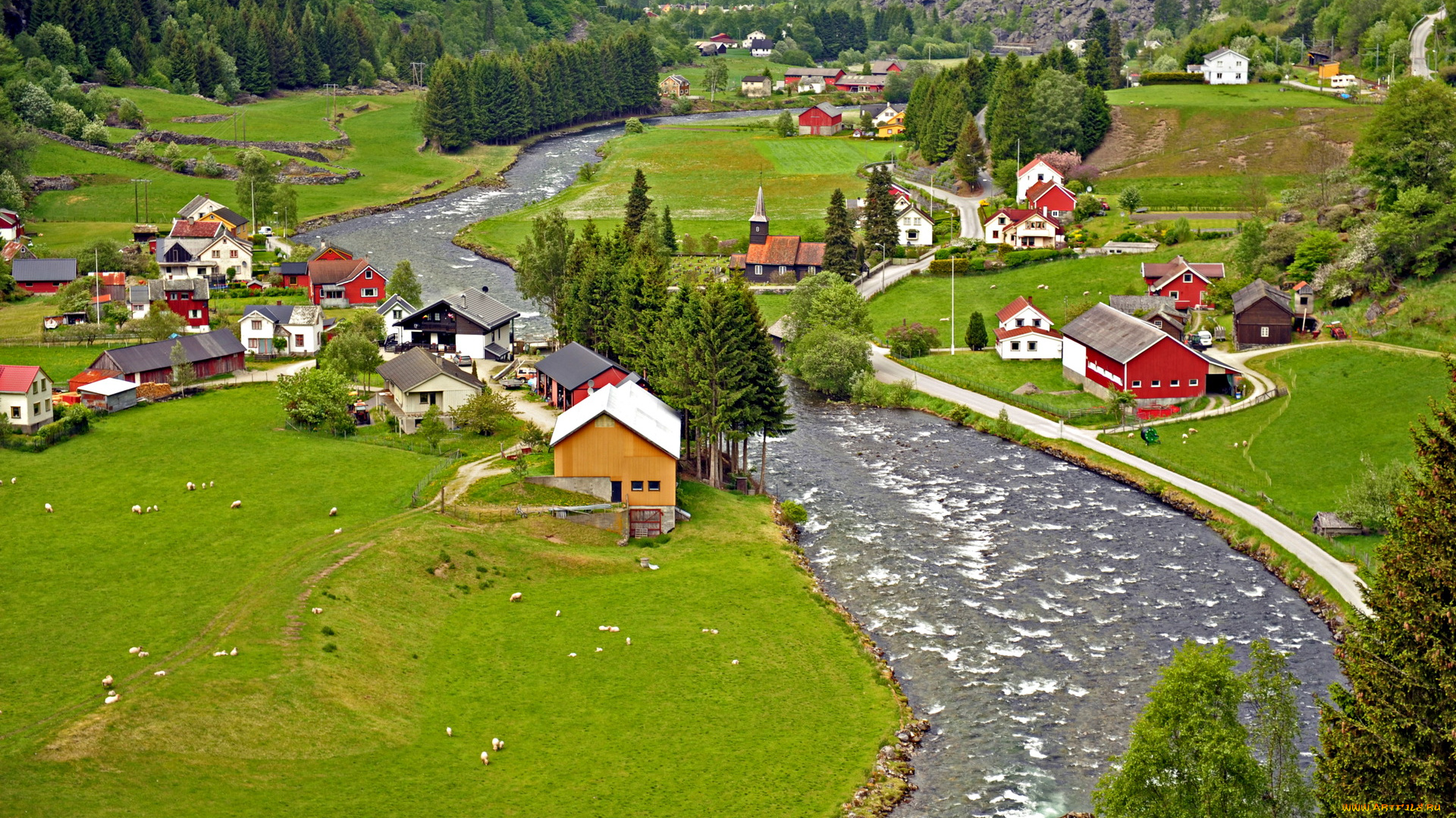 норвегия, согн, ог, фьюране, города, пейзажи, дома, река, горы