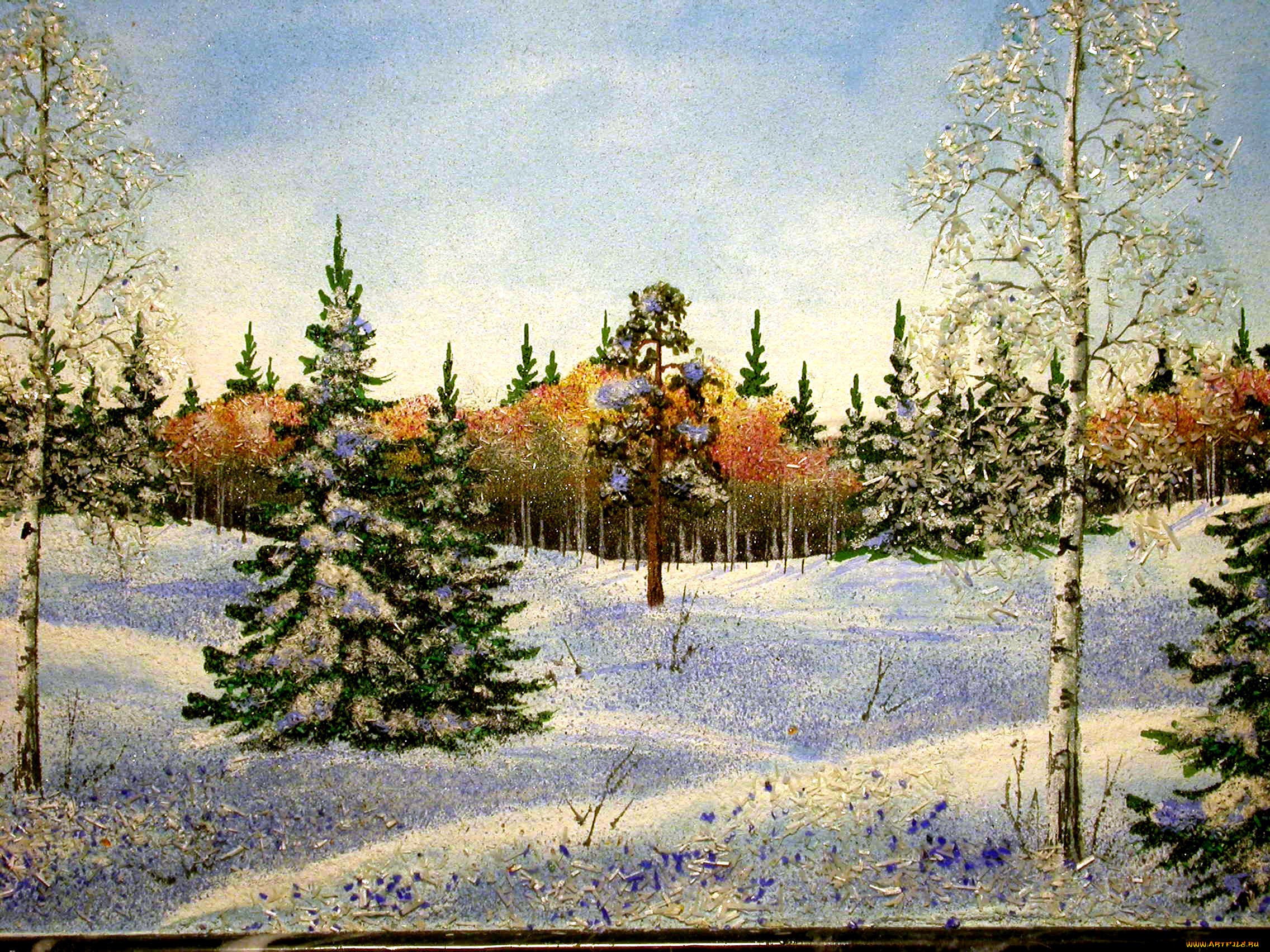 рисованные, природа, зима, снег, елки, деревья, лес