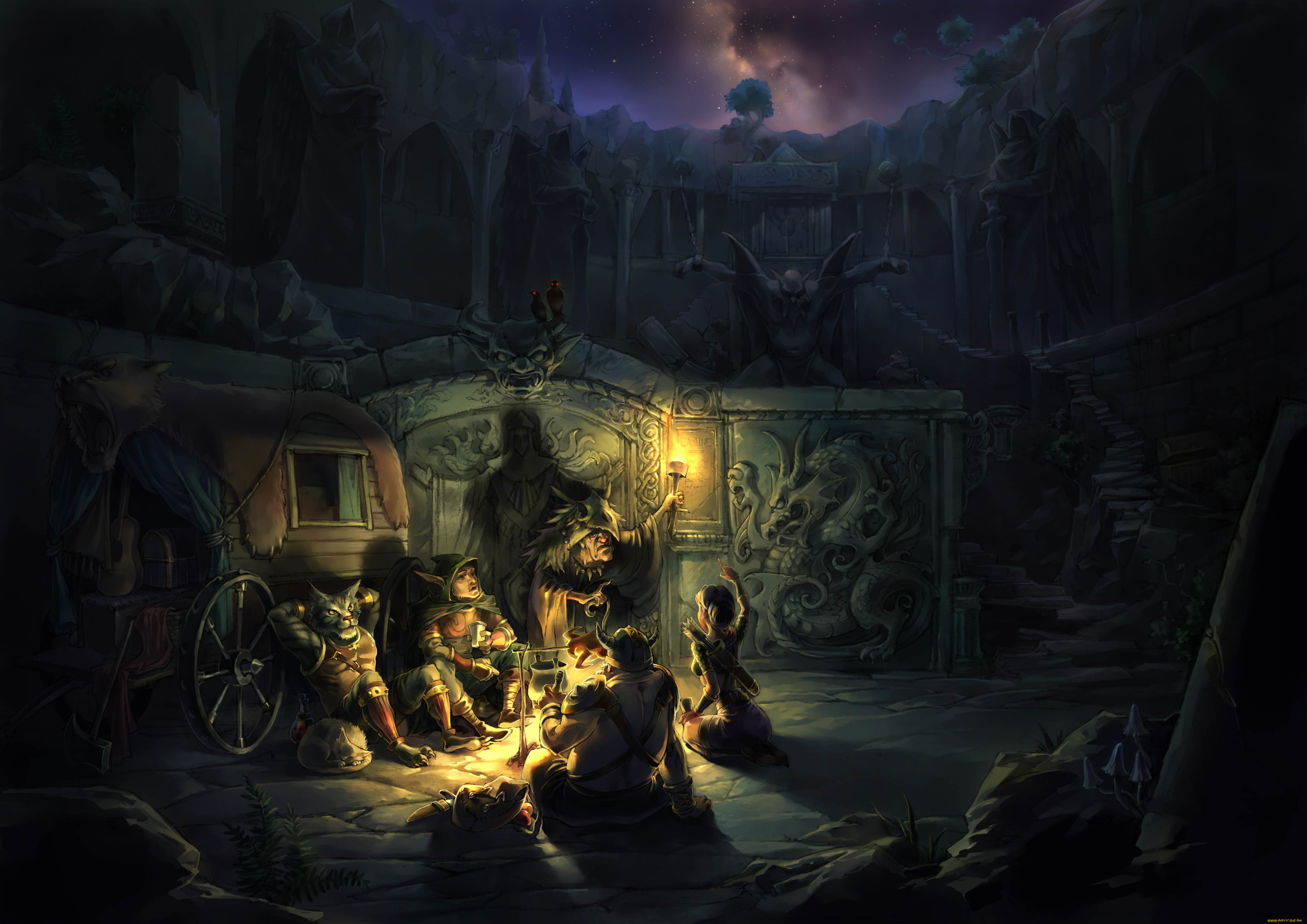 фэнтези, иные, миры, времена, костёр, эльф, шаман, волк