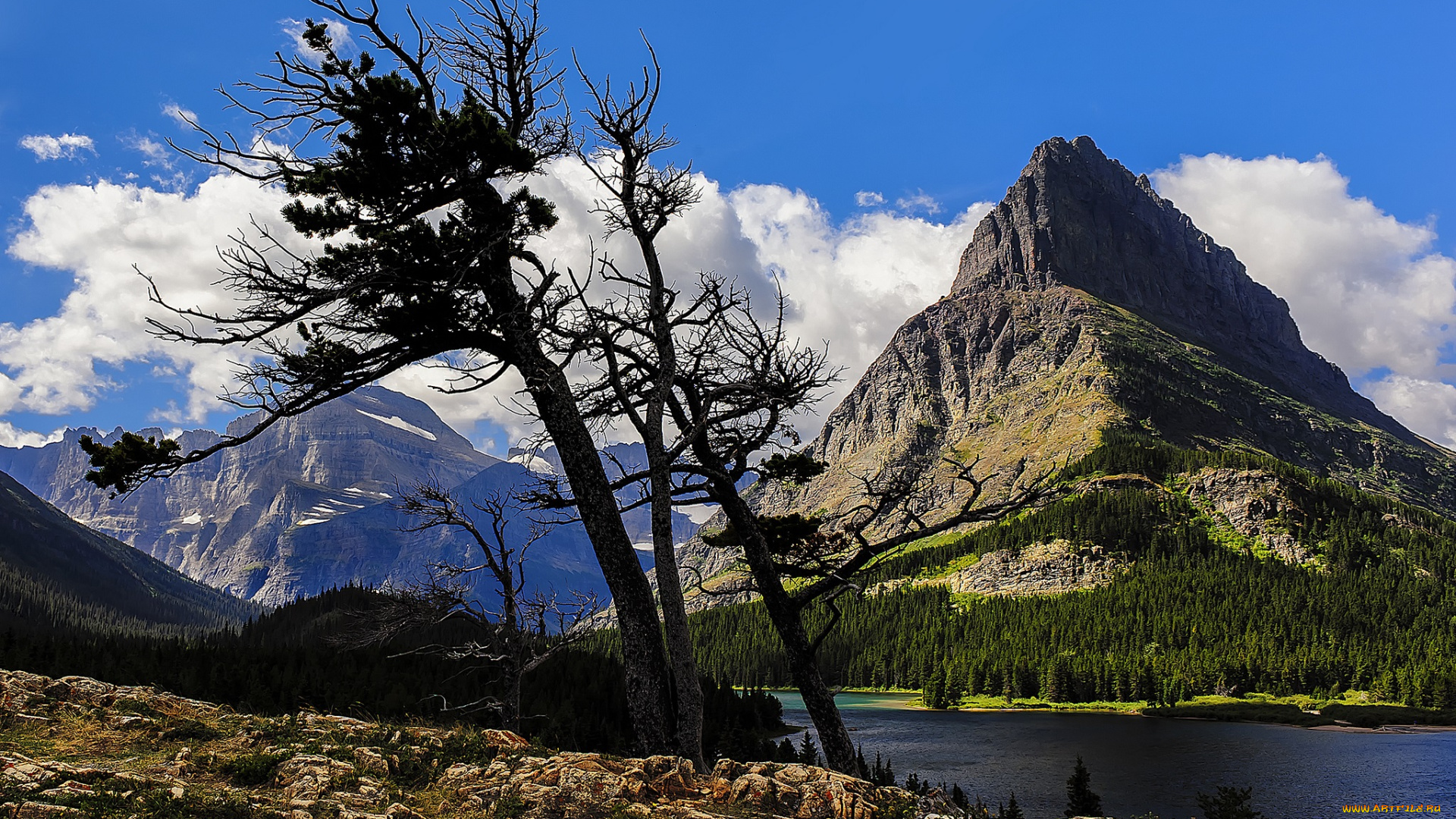 природа, реки, озера, горы, трава, река, лес, скалы, деревья, облака