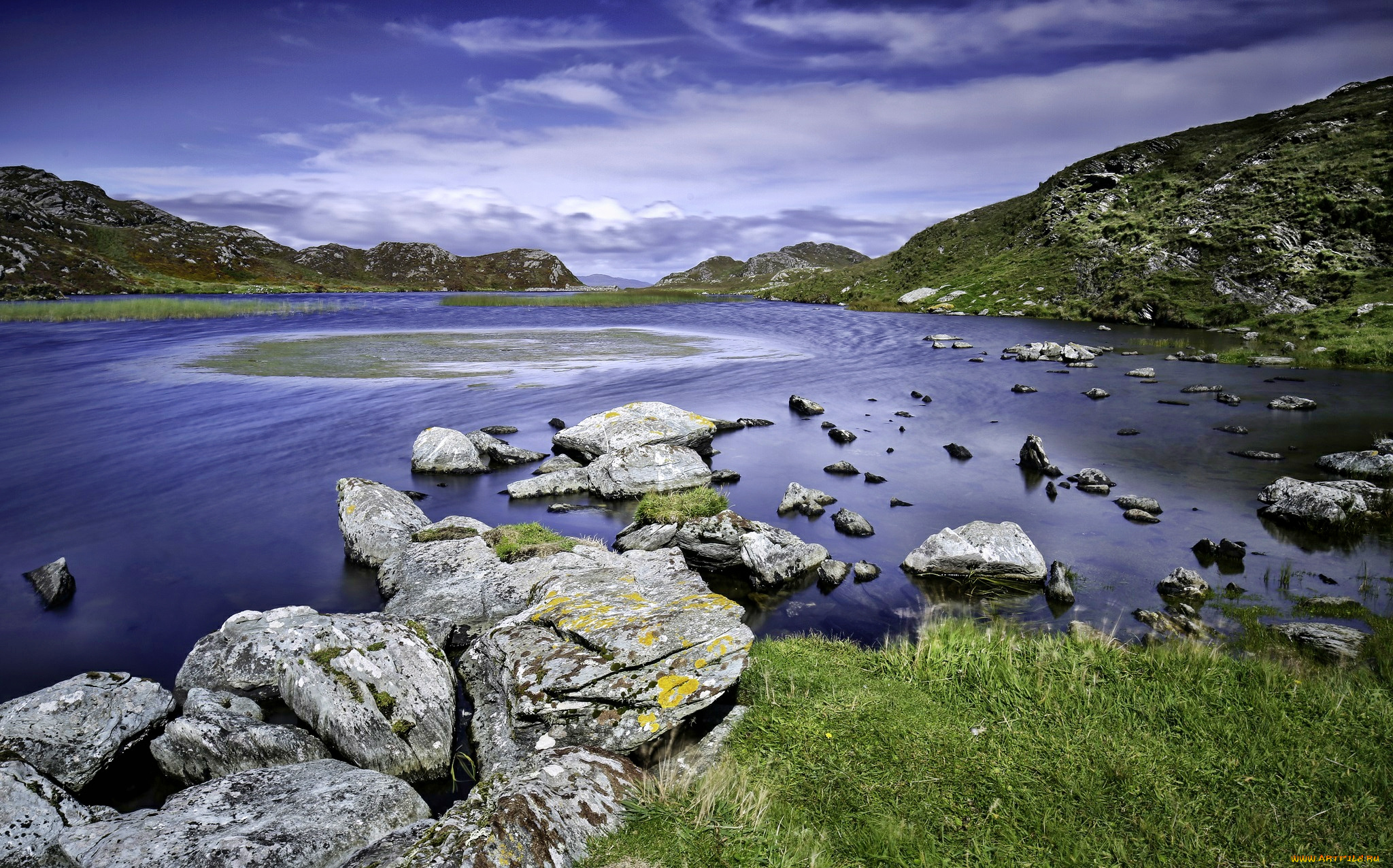 природа, реки, озера, трава, горы, река, камни