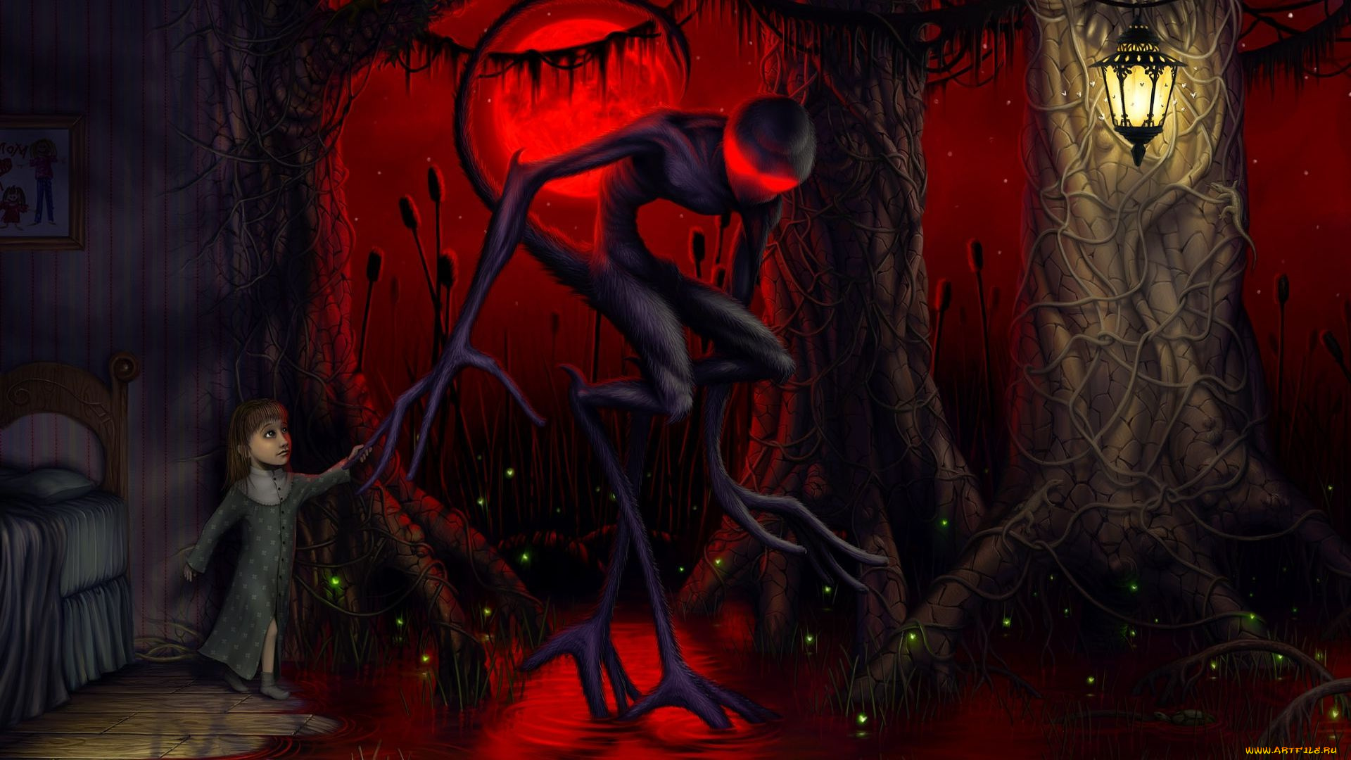 фэнтези, существа, лес, существо, мальчик, фонарь, луна