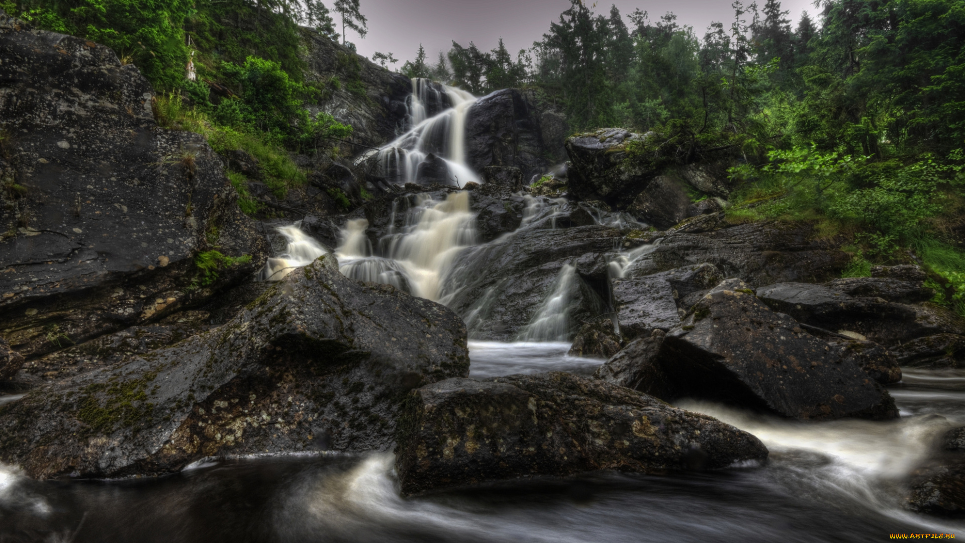 природа, водопады, лес, река, водопад