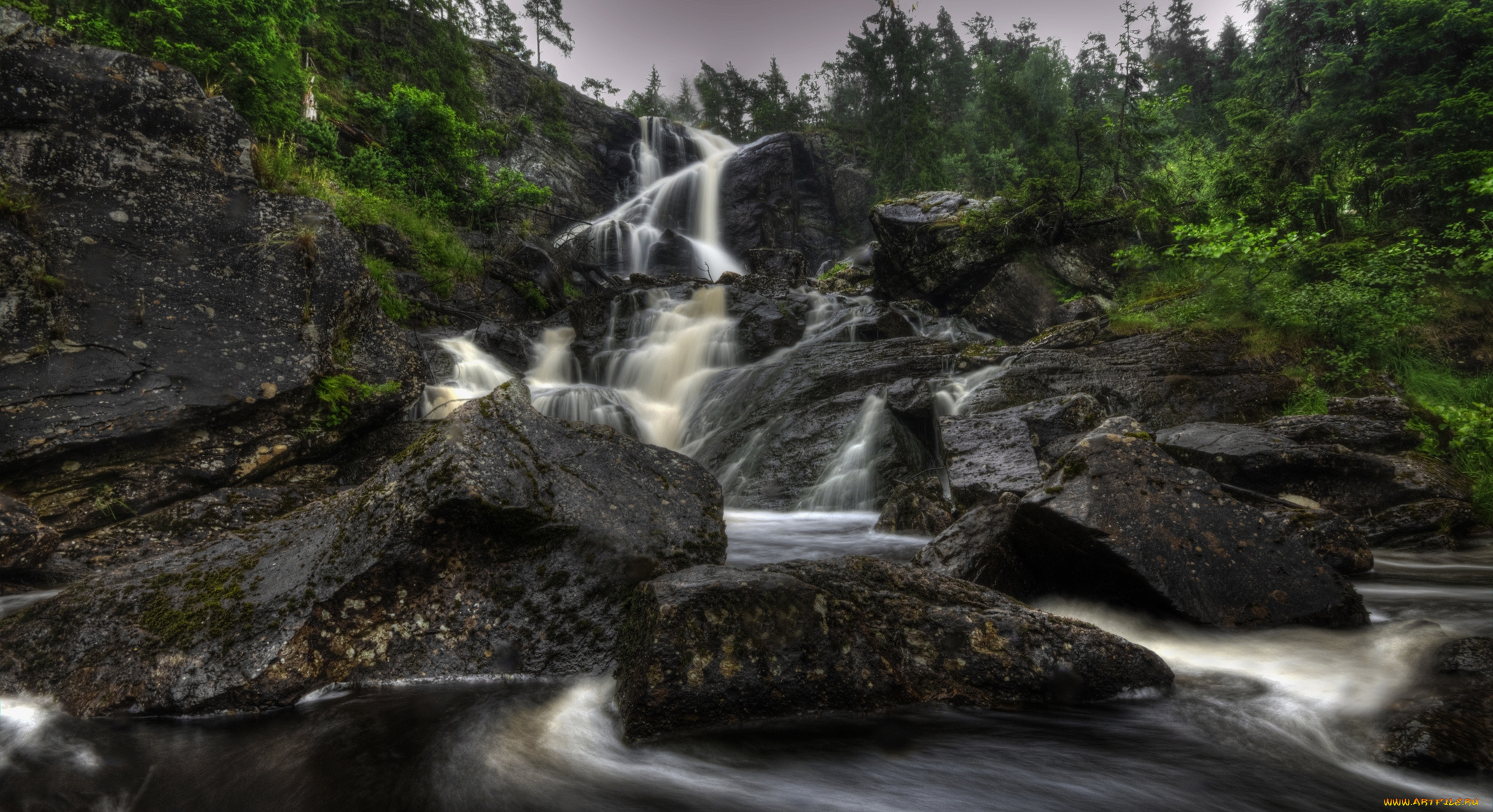природа, водопады, лес, река, водопад