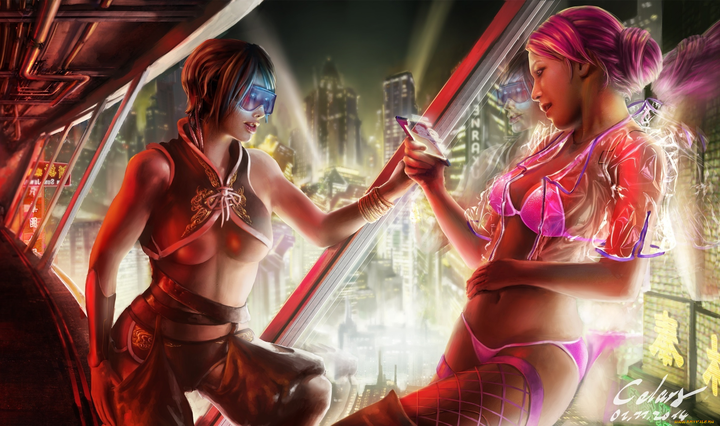 фэнтези, девушки, эротика, cyberpunk, окно, взгляд, чулки, сетка