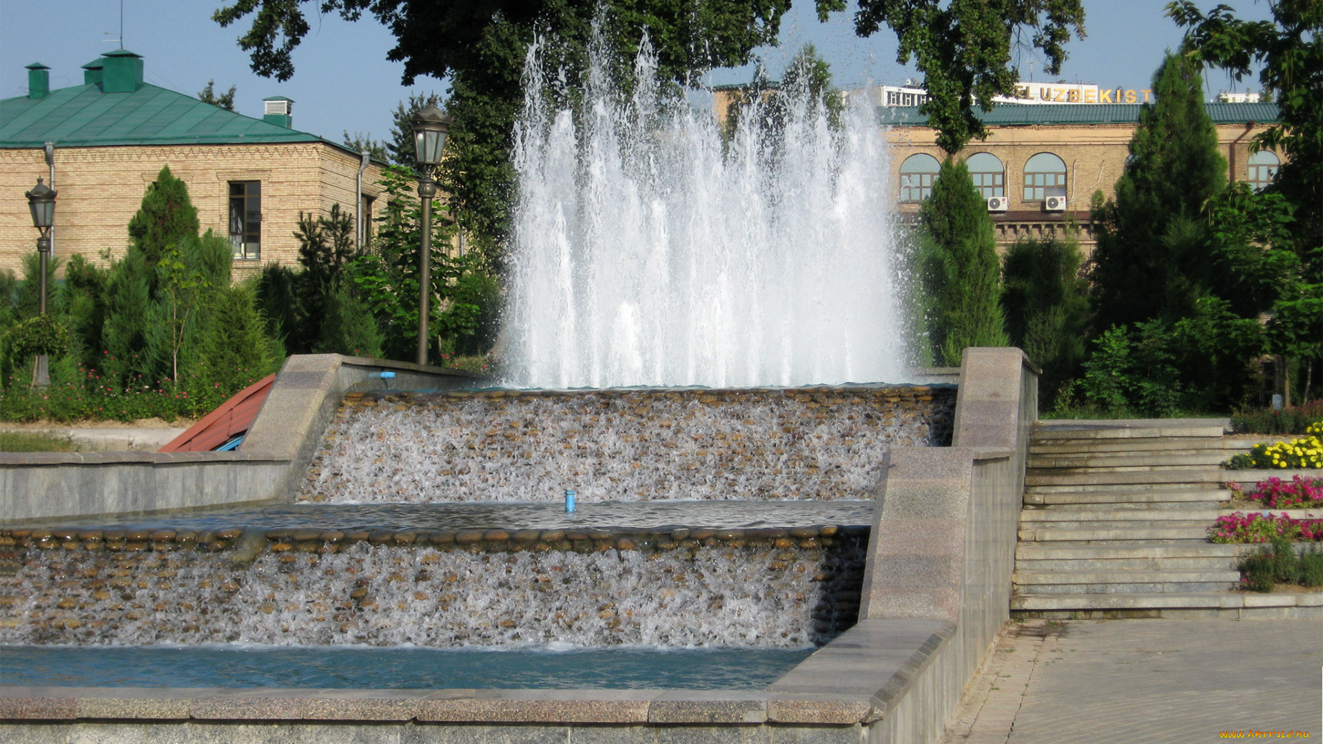 города, -, фонтаны, облицовка, каскад, стена, воды, лето