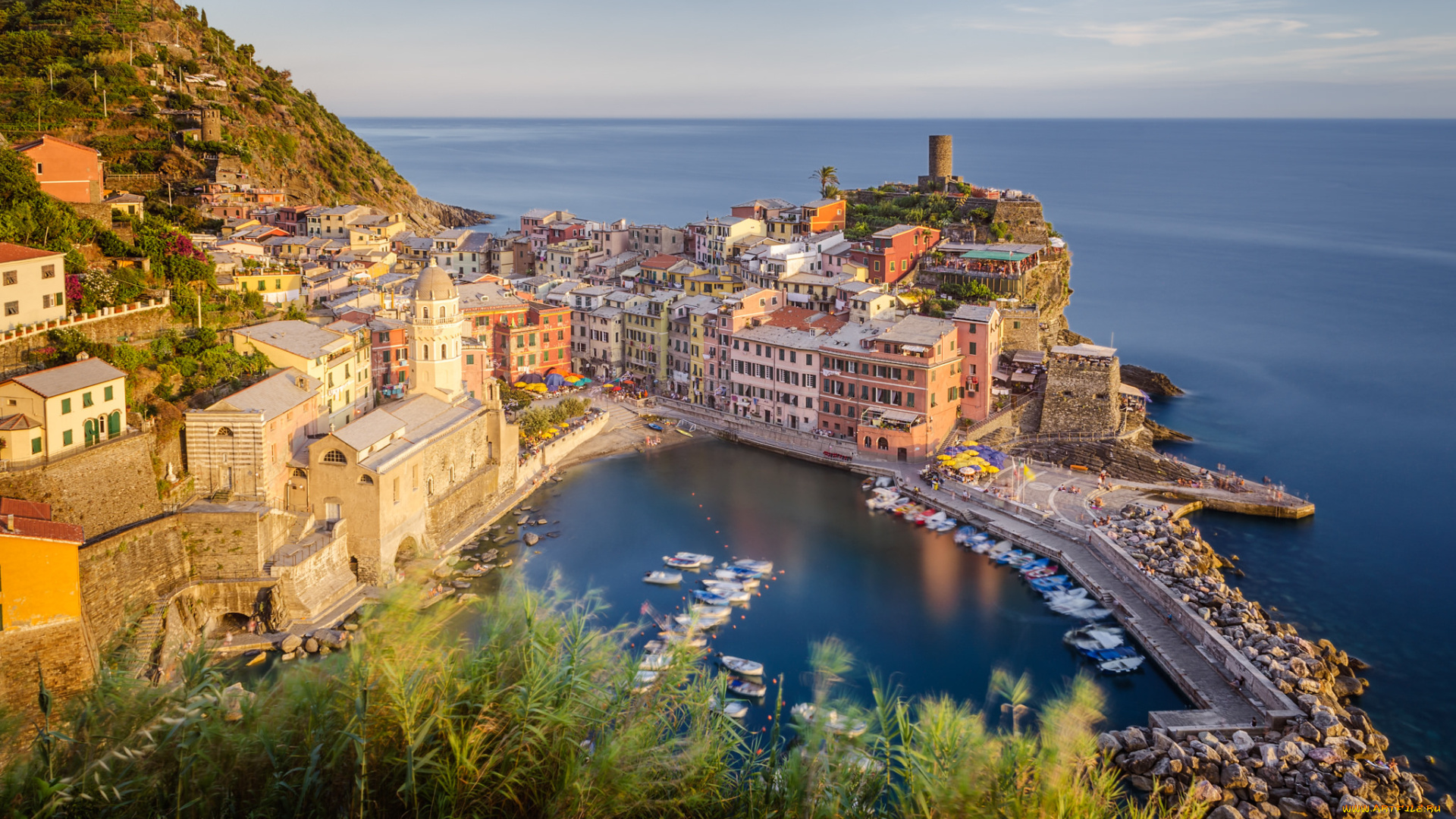 vernazza, города, -, панорамы, море, бухта, скала, поселок