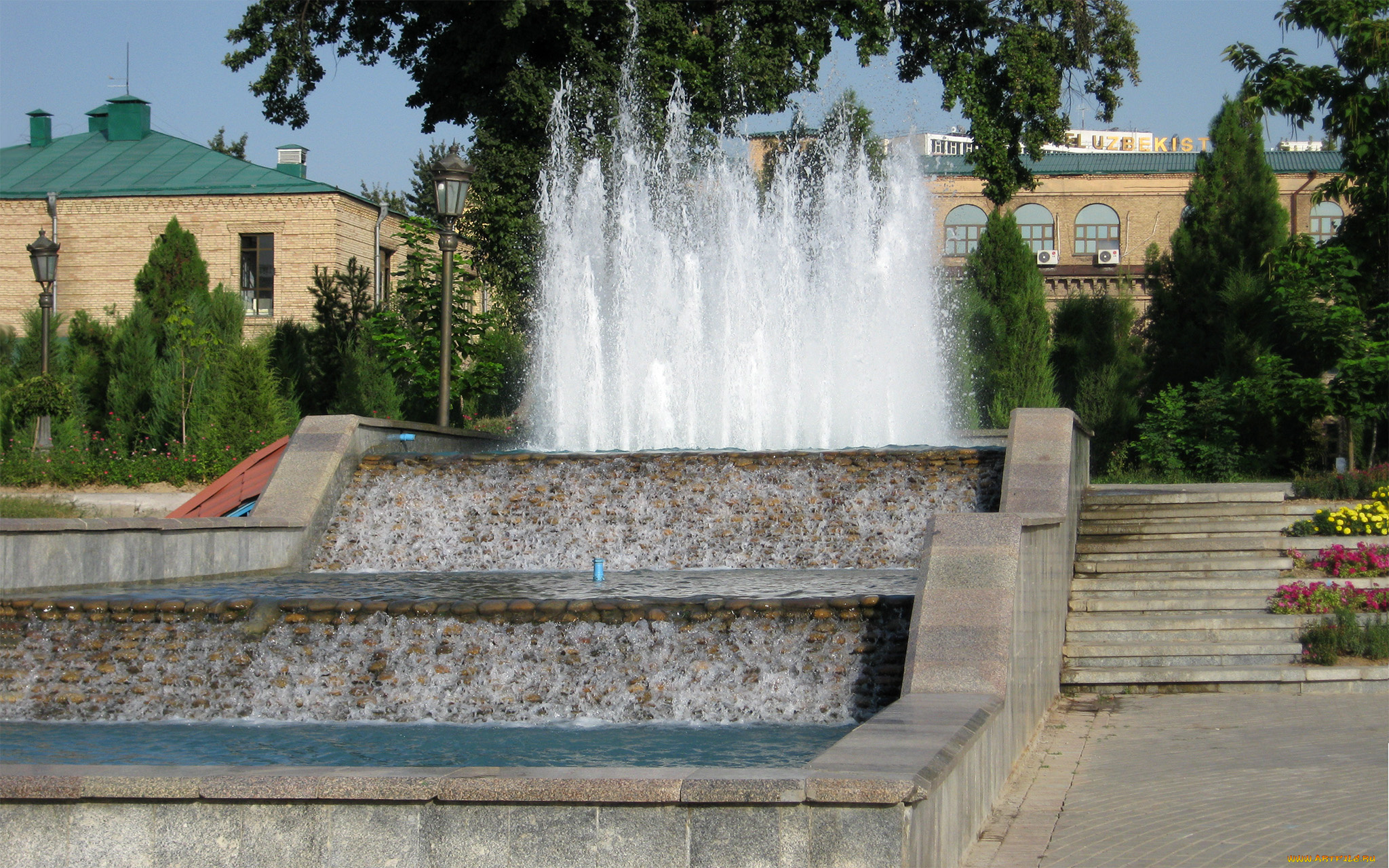 города, -, фонтаны, облицовка, каскад, стена, воды, лето