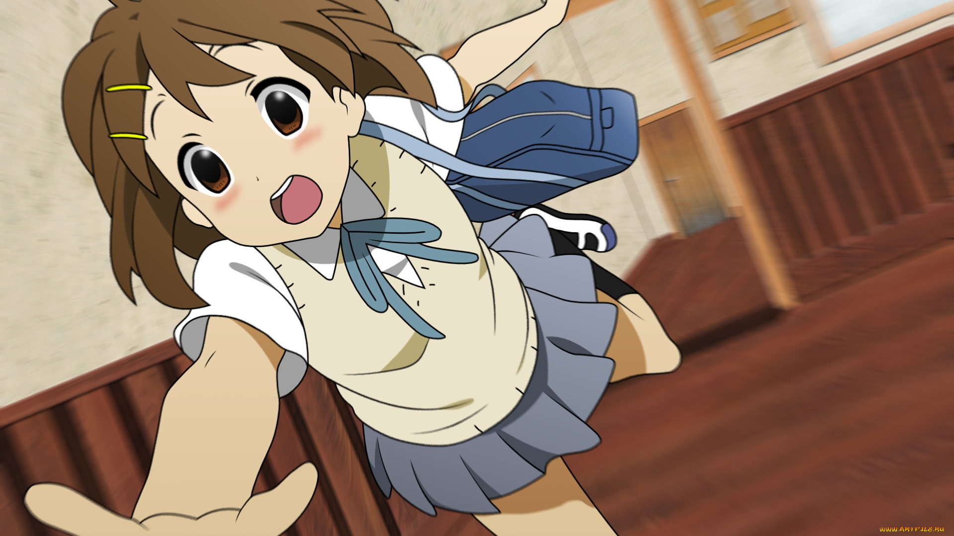 аниме, k-on, девушка, взгляд, фон