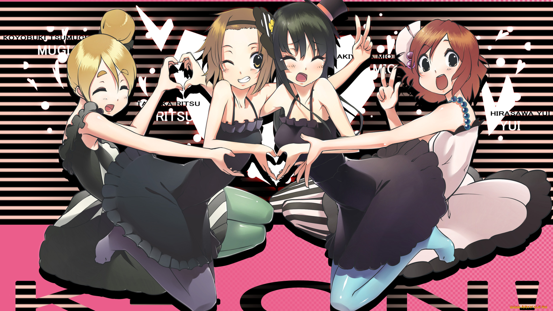 аниме, k-on, девушки, взгляд, фон