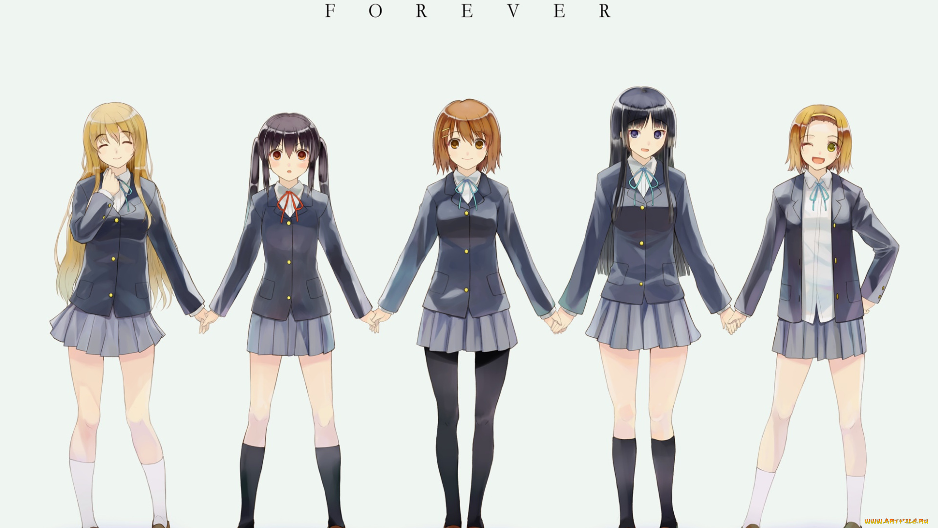 аниме, k-on, девушки, взгляд, фон