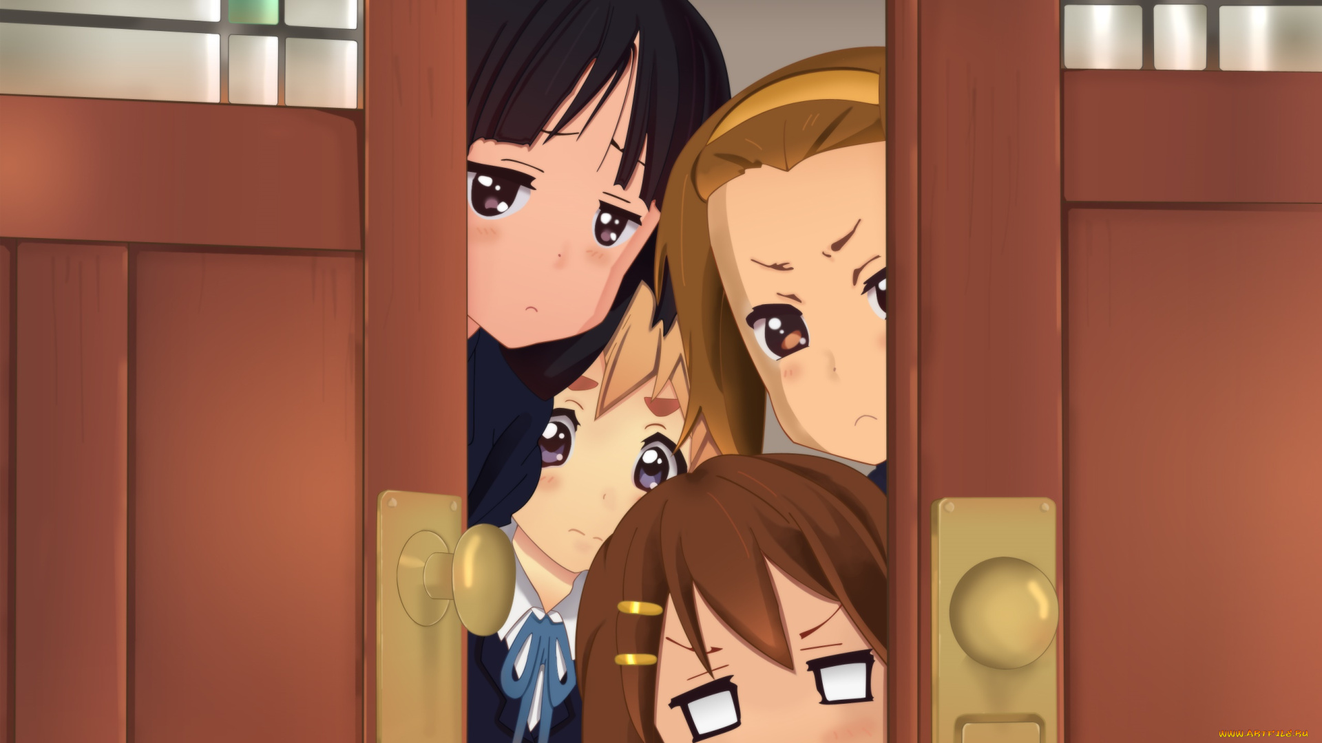 аниме, k-on, девушки, взгляд, фон
