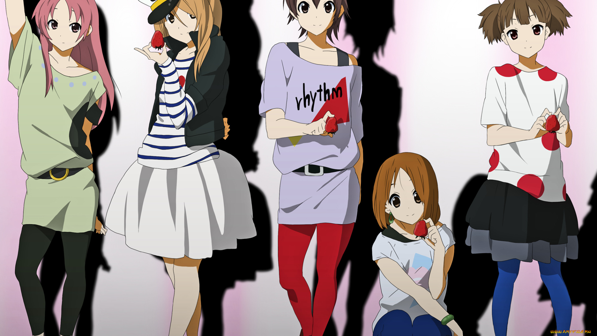 аниме, k-on, девушки, взгляд, фон