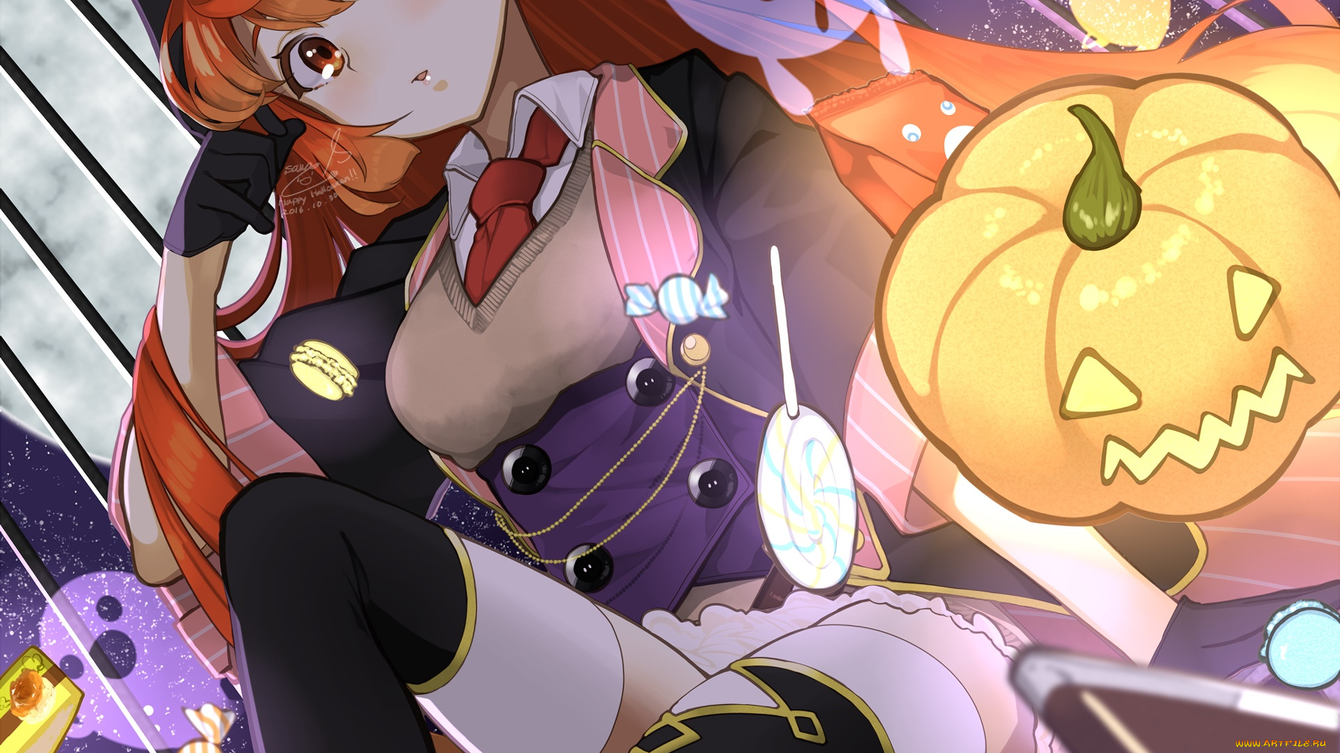 аниме, магия, , колдовство, , halloween, девушка, взгляд, фон