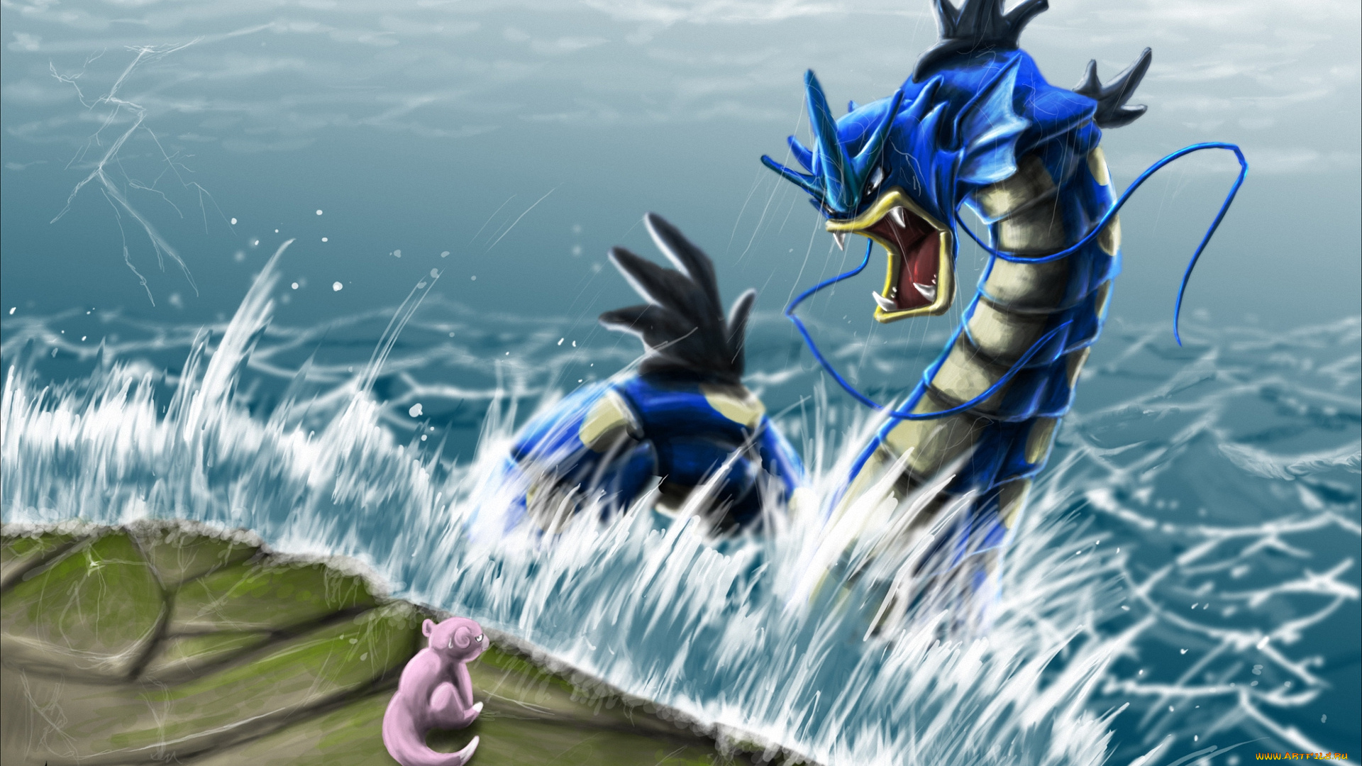 аниме, pokemon, slowpoke, покемон, волны, монстр, берег, вода, gyarados