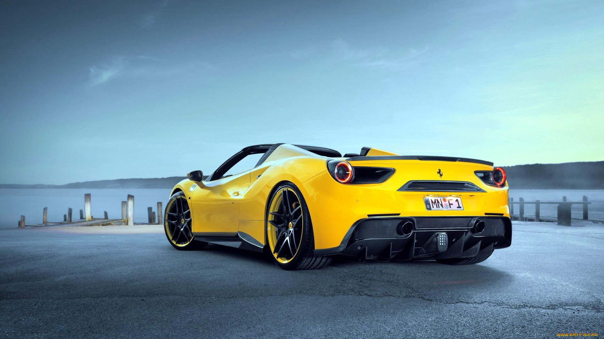 автомобили, ferrari, феррари, набережная, spider, желтый, 488