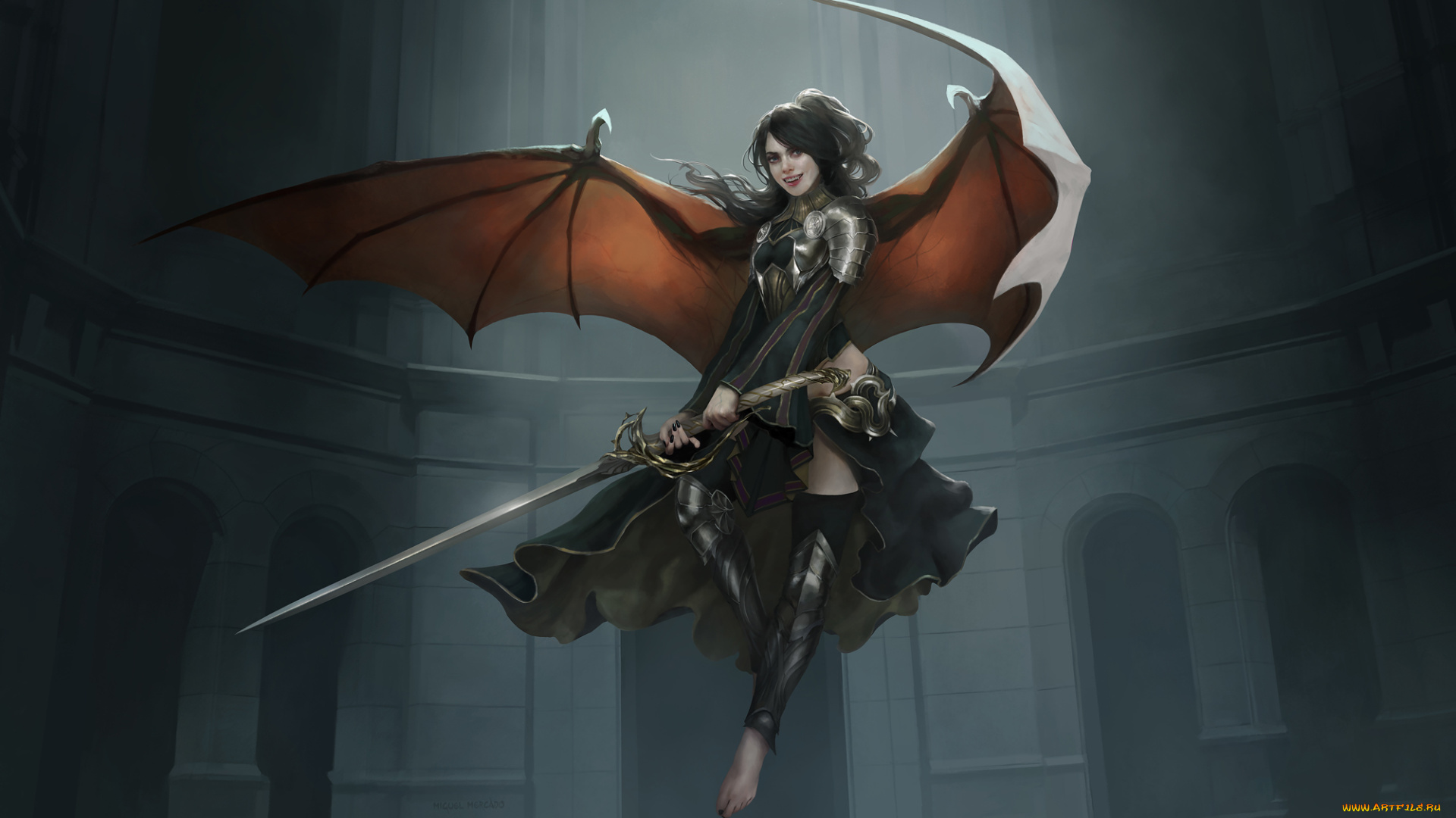 фэнтези, демоны, взгляд, девушка, фон, демон, оружие