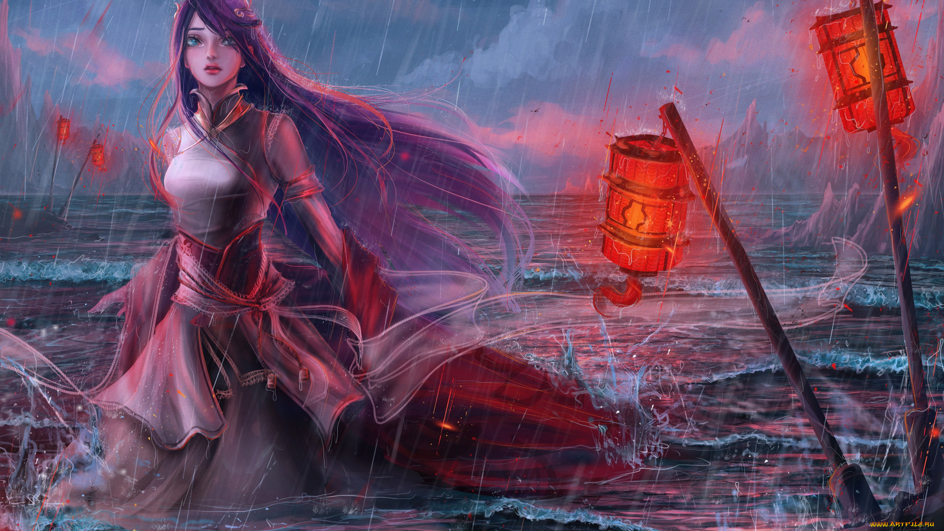 фэнтези, девушки, платье, фонари, арт, девушка, вода, волны, взгляд