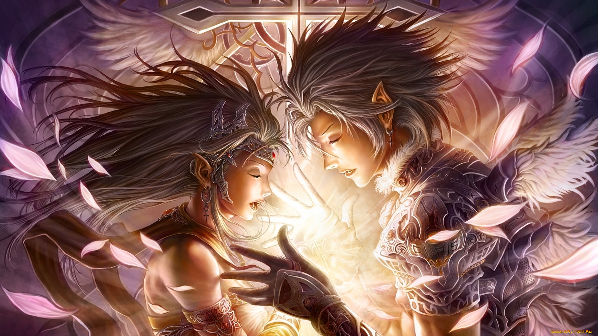 фэнтези, эльфы, эльф, chrisnfy85, эльфийка, девушка, крест, профиль, украшения, магия, парень, арт, крылья, перья, руки