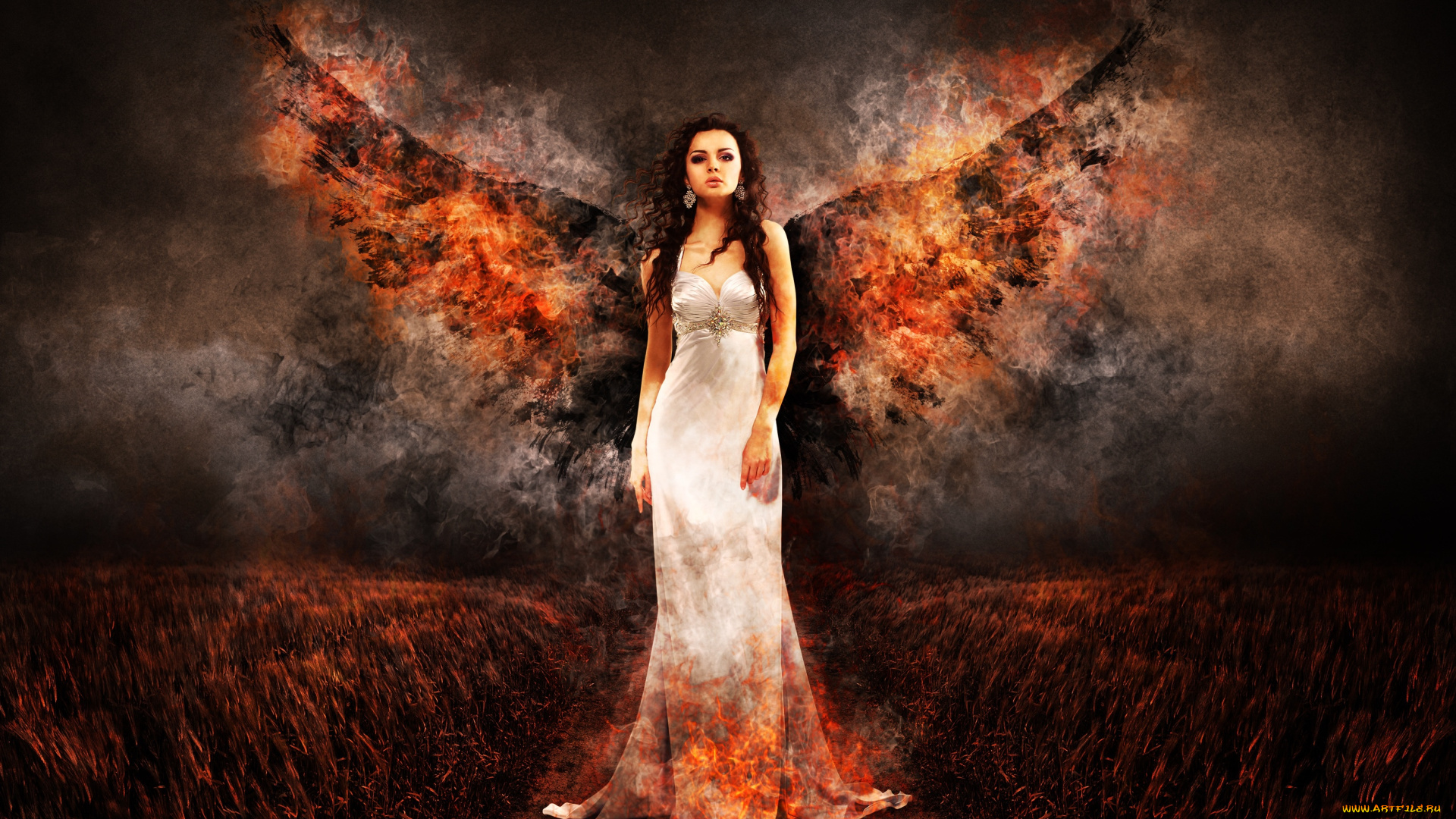 фэнтези, фотоарт, огонь, платье, девушка, поле, ночь, стоит, ангел, крылья, angel, of, fire