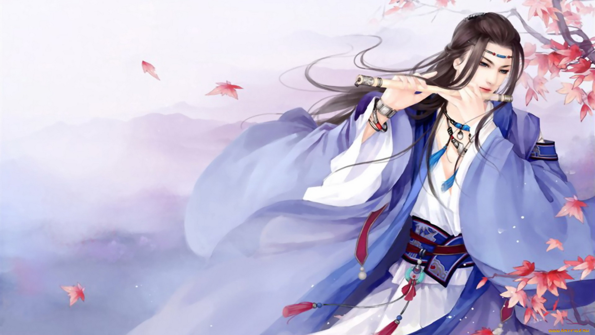 фэнтези, люди, парень, флейта, листья