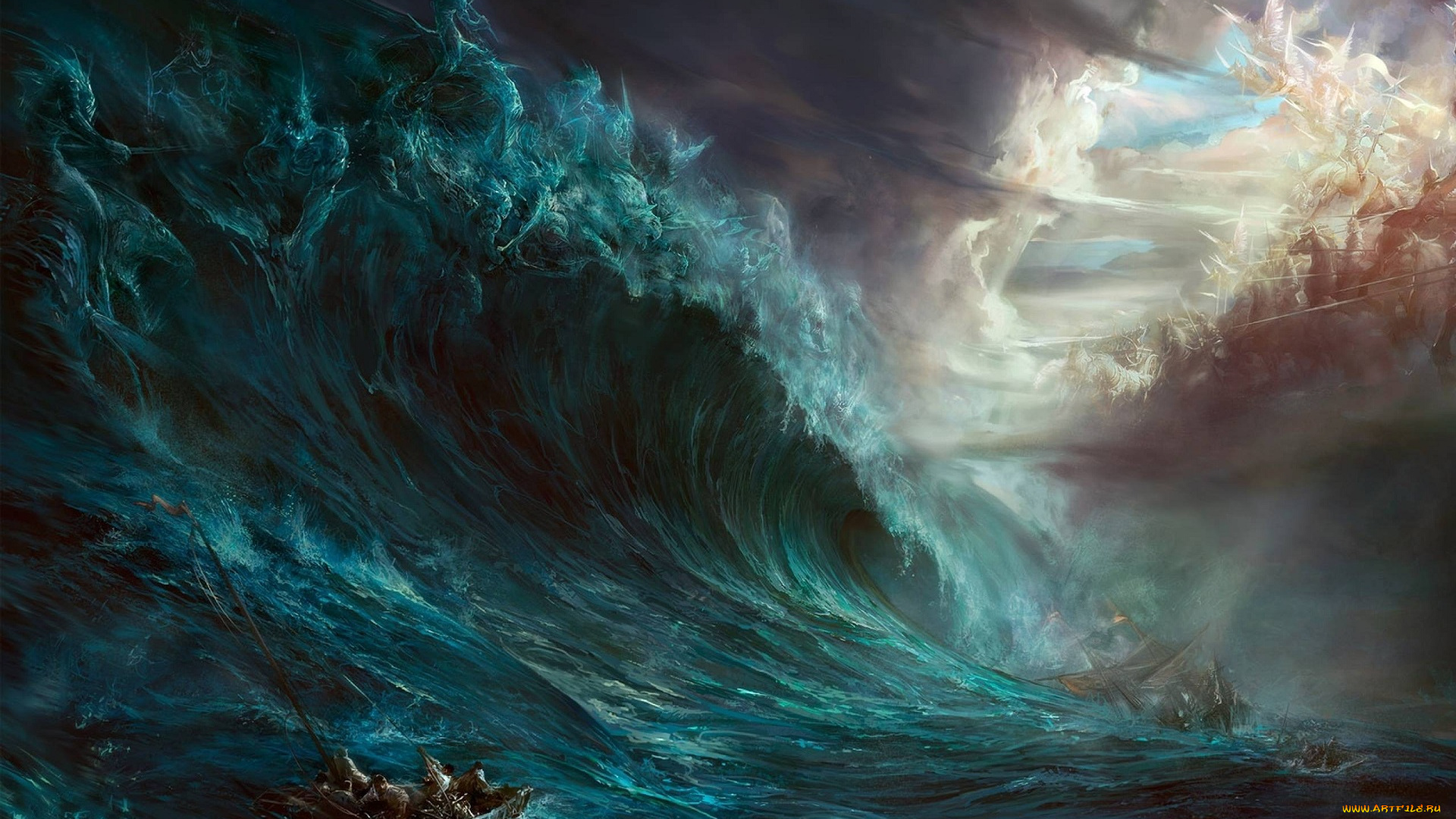 фэнтези, призраки, волна, лодка, паника, люди, шторм, скалы