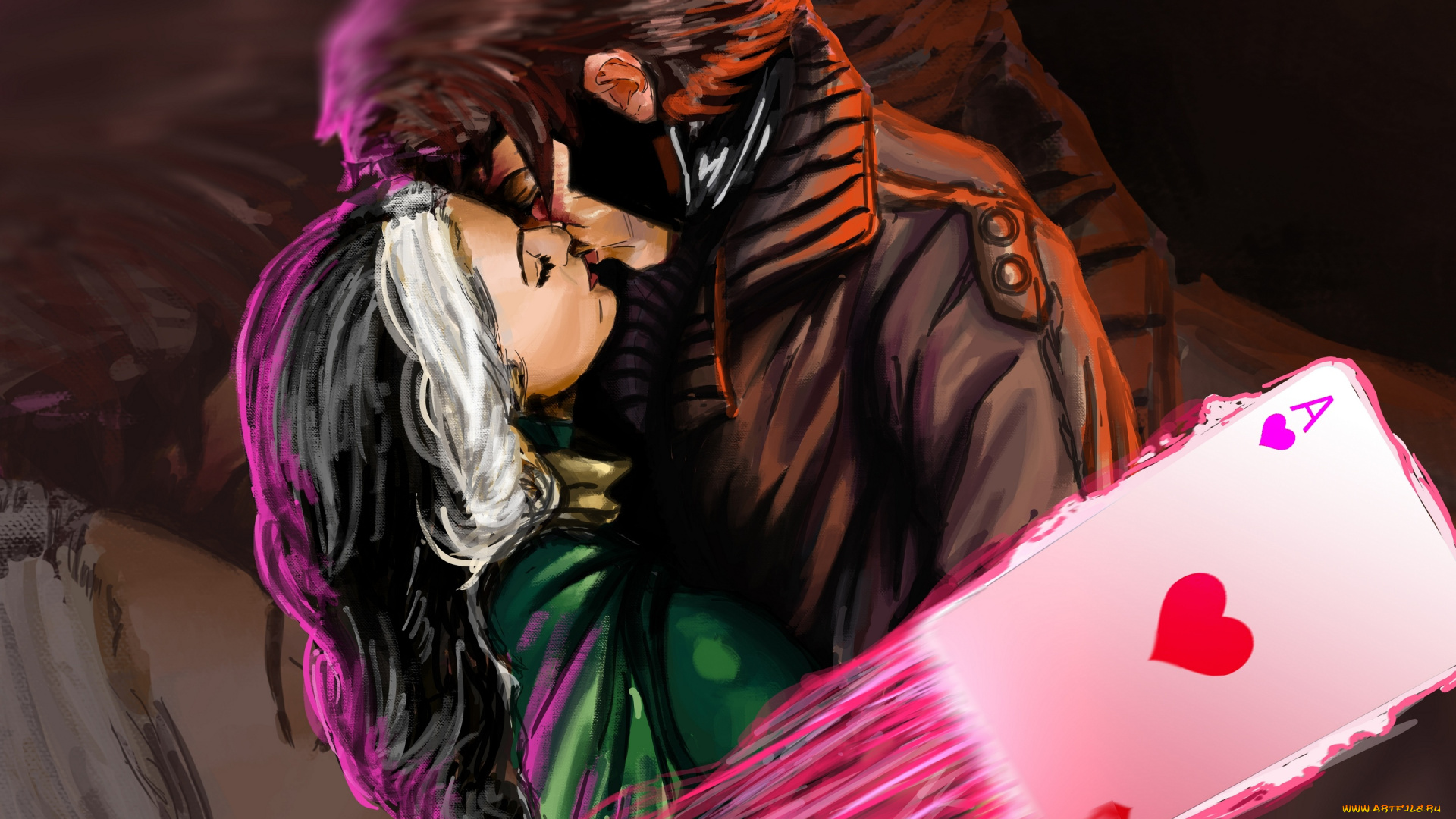 рисованное, комиксы, шельма, gambit, rogue, marvel, x-men, kiss, поцелуй, двое, гамбит