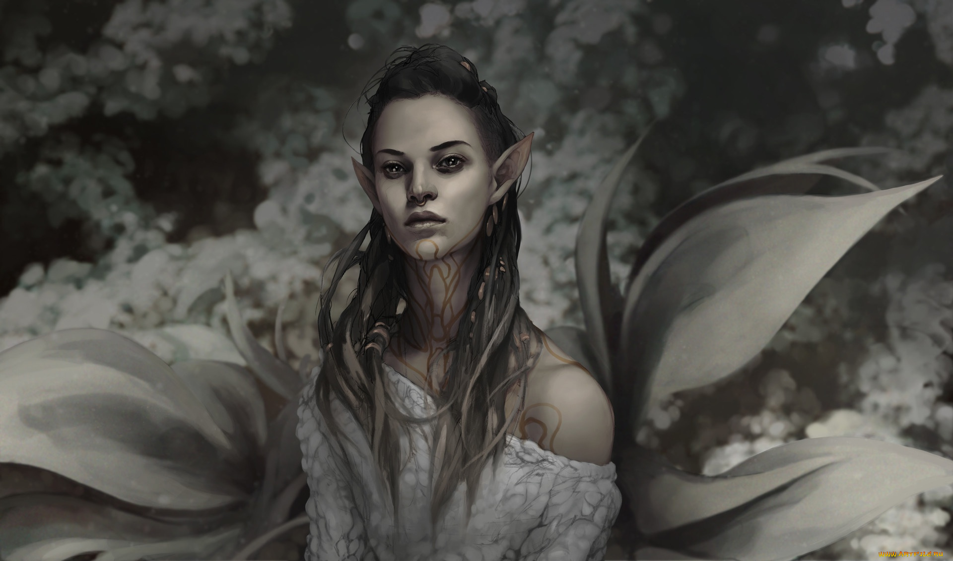 фэнтези, эльфы, фэнтази, уши, узоры, девушка, темное, пирсинг, арт, взгляд