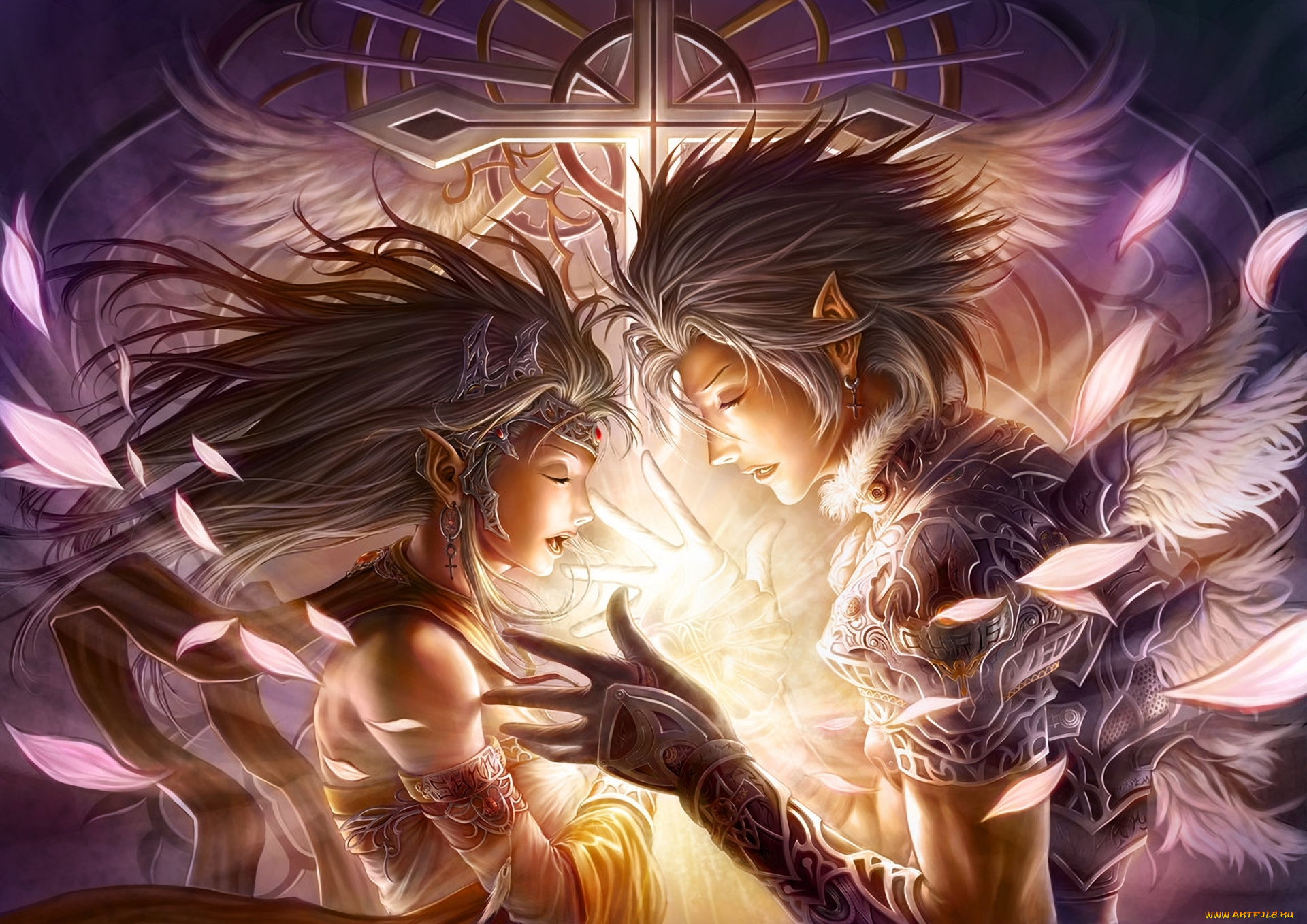 фэнтези, эльфы, эльф, chrisnfy85, эльфийка, девушка, крест, профиль, украшения, магия, парень, арт, крылья, перья, руки