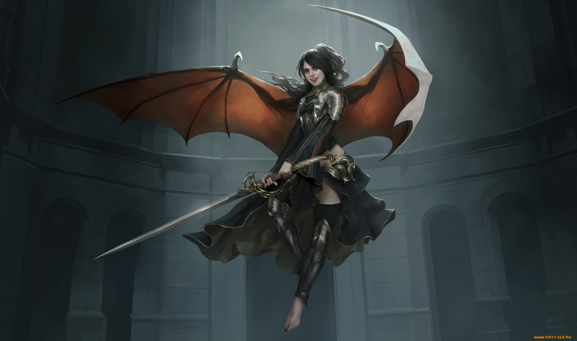 фэнтези, демоны, взгляд, девушка, фон, демон, оружие