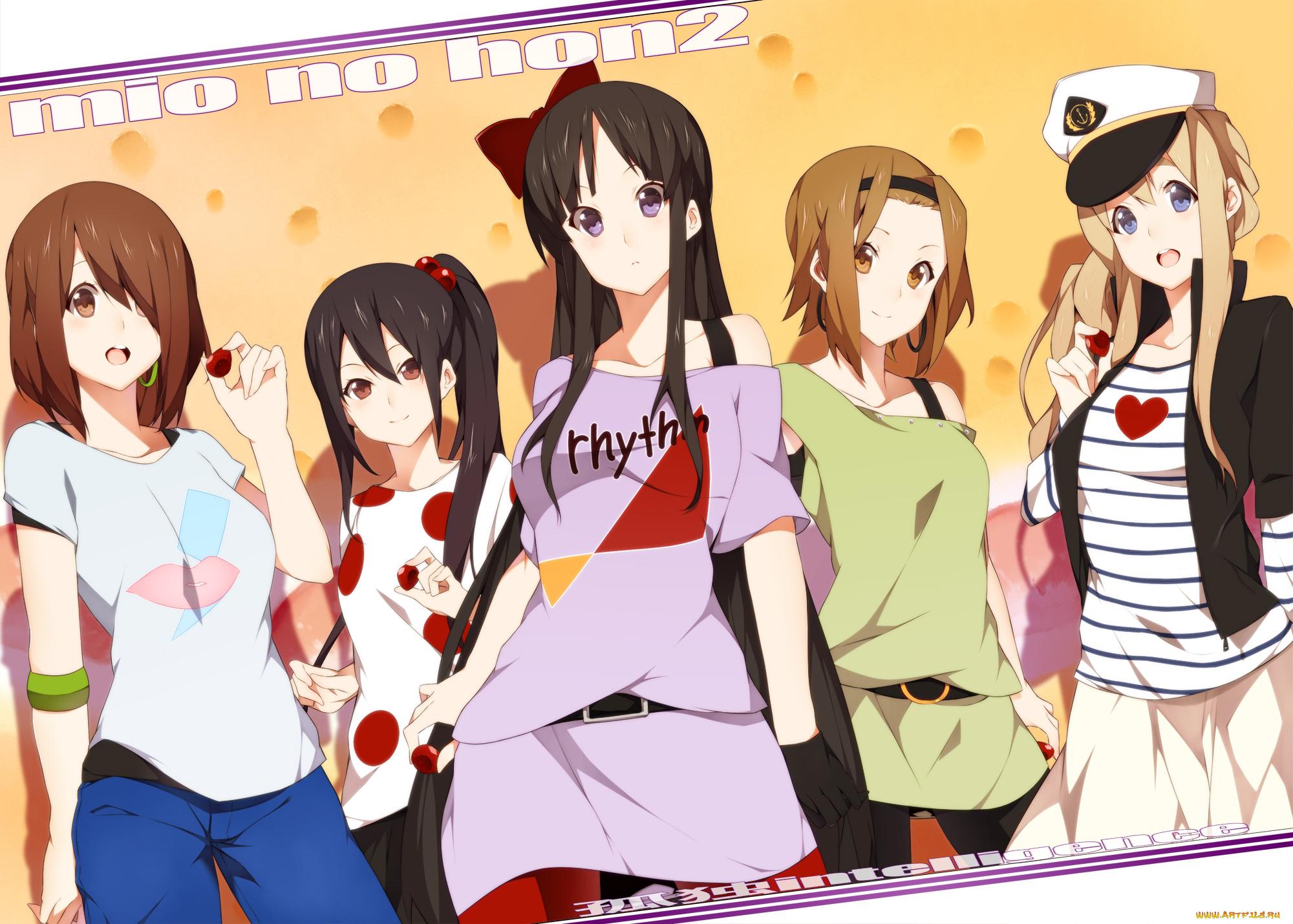 аниме, k-on, девушки, взгляд, фон