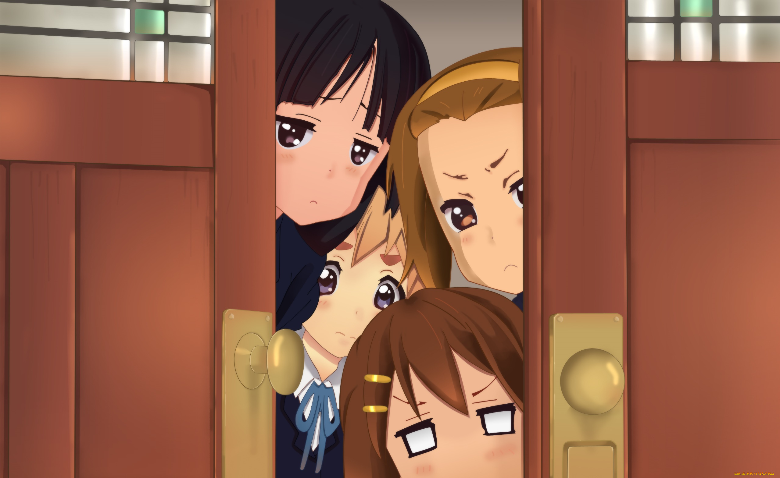 аниме, k-on, девушки, взгляд, фон