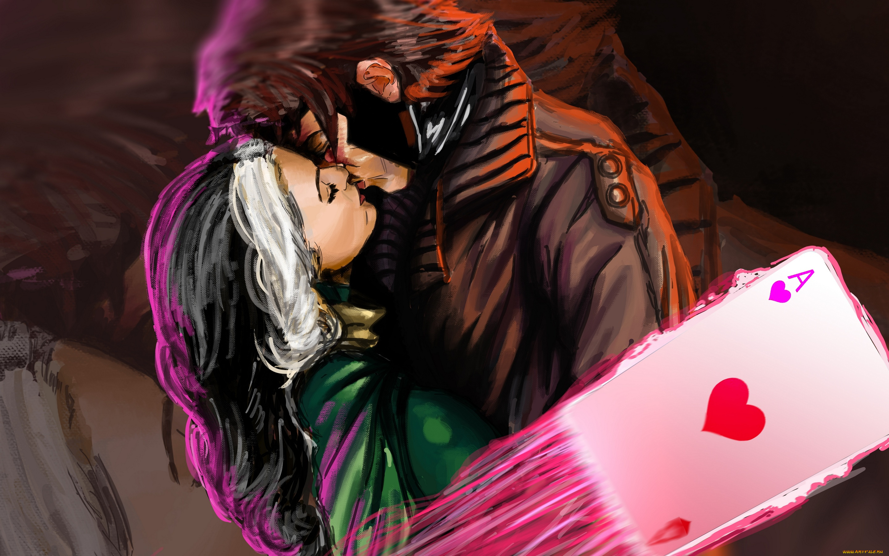 рисованное, комиксы, шельма, gambit, rogue, marvel, x-men, kiss, поцелуй, двое, гамбит