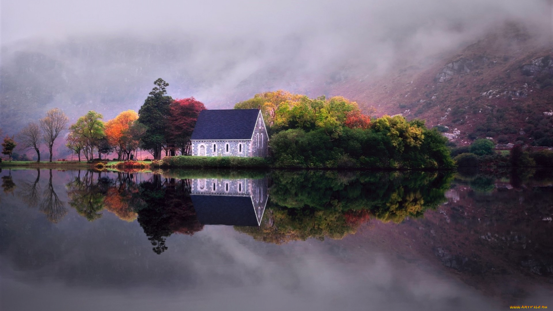 города, -, пейзажи, дом, осень, туман, озеро