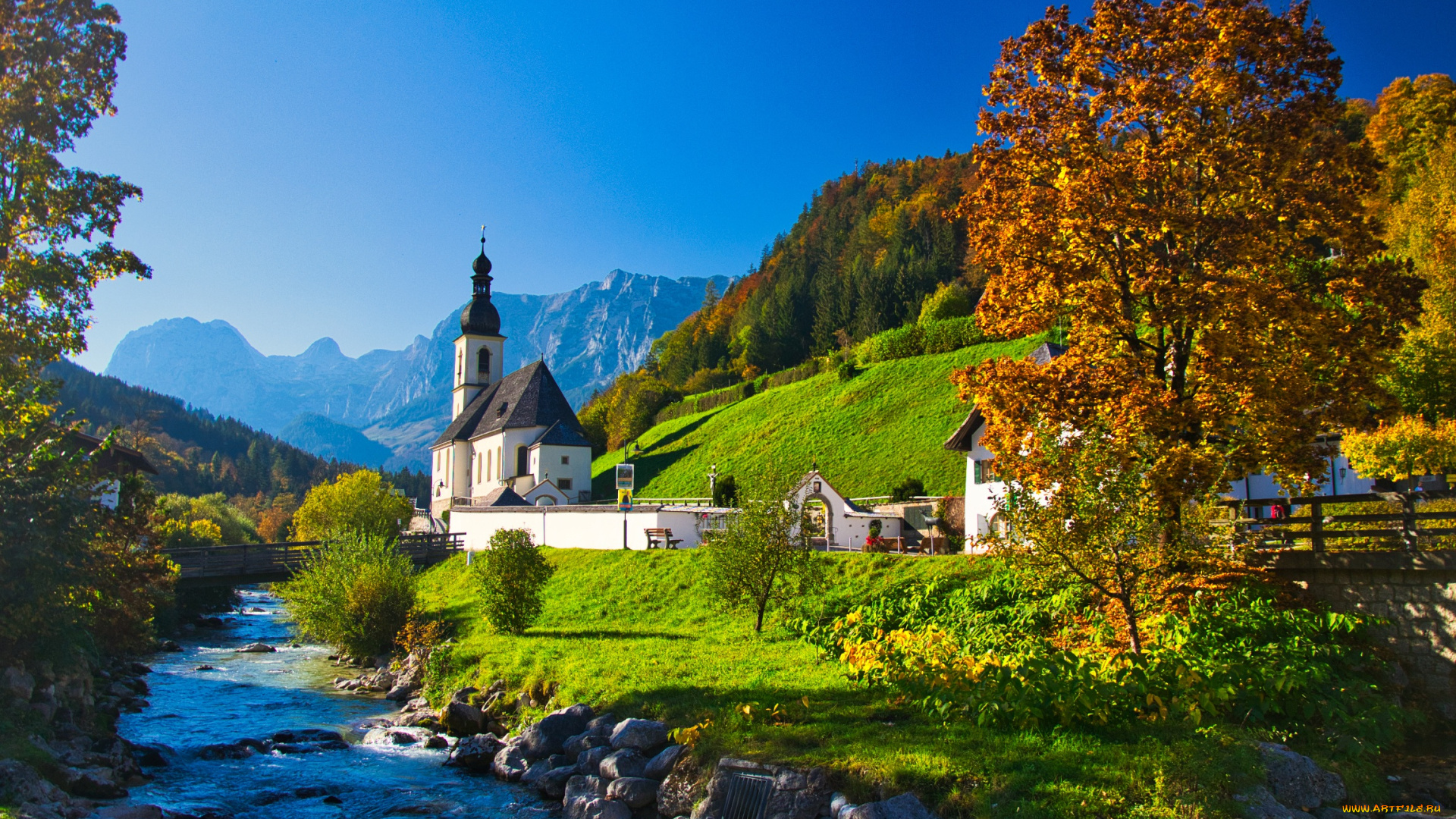 города, -, католические, соборы, , костелы, , аббатства, осень, деревья, горы, река, германия, бавария, церковь, germany, bavaria, bavarian, alps, баварские, альпы, рамзау, ramsau, st, sebastian, church, ramsauer, ache, river, рамзауэр-ахе