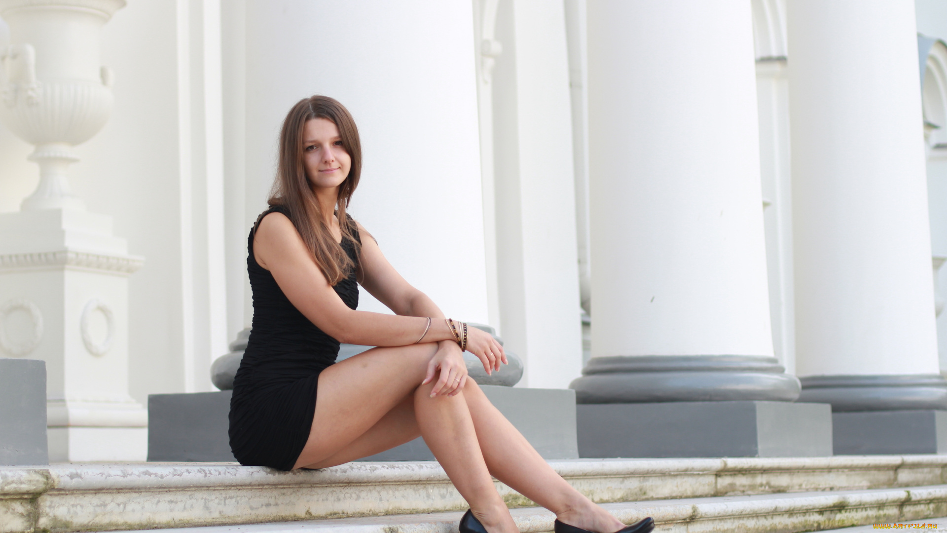 девушки, -, брюнетки, , шатенки, шатенка, платье, каблуки, ступени, колонны, здание