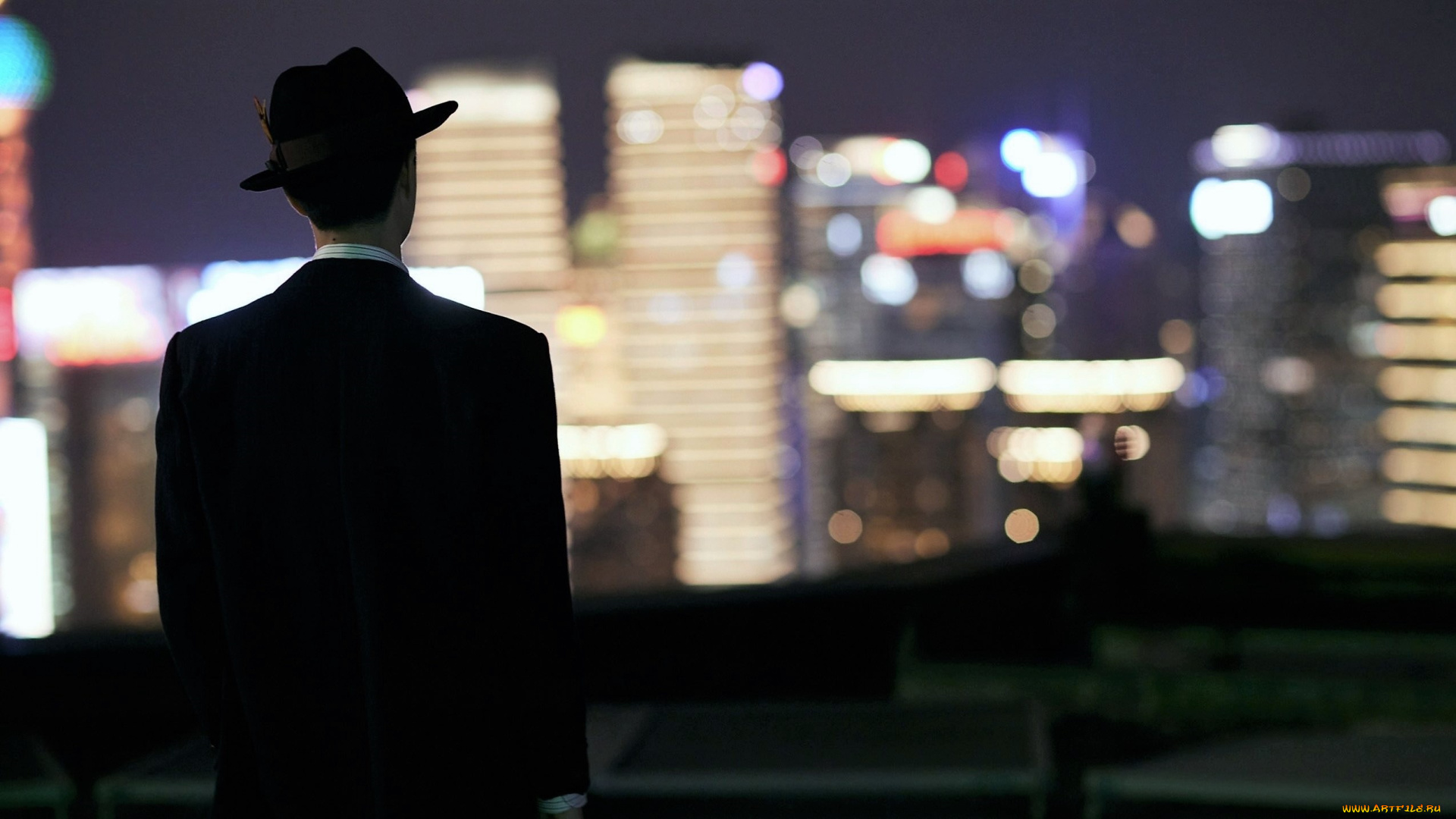 мужчины, wang, yi, bo, костюм, шляпа, город, огни