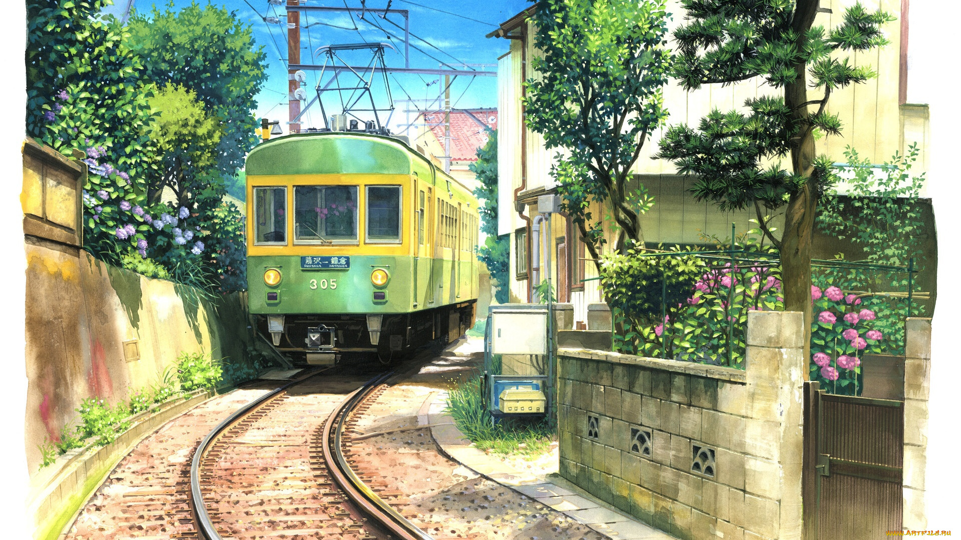 рисованное, города, трамвай, рельсы, улица, сады, дома