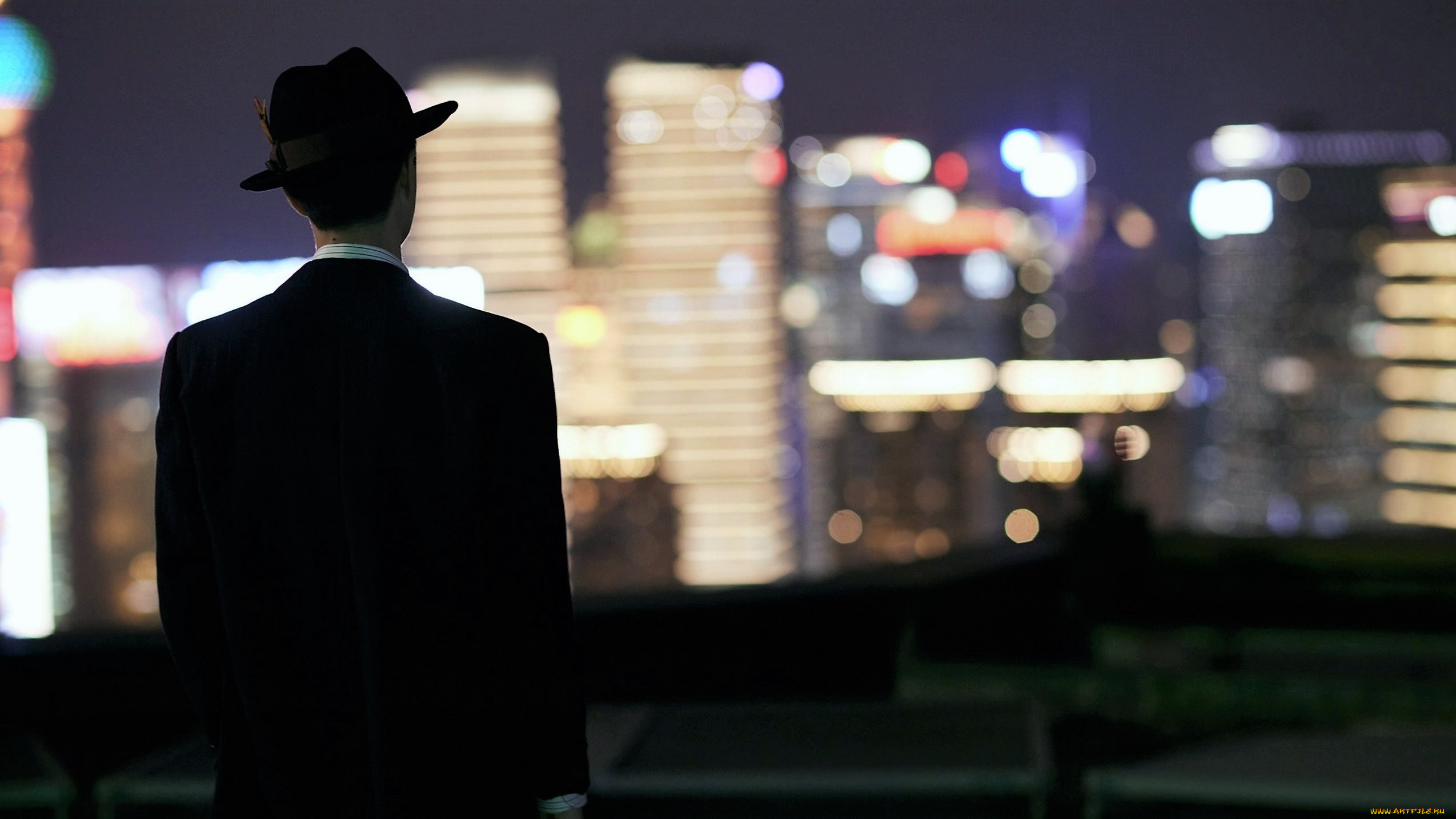 мужчины, wang, yi, bo, костюм, шляпа, город, огни