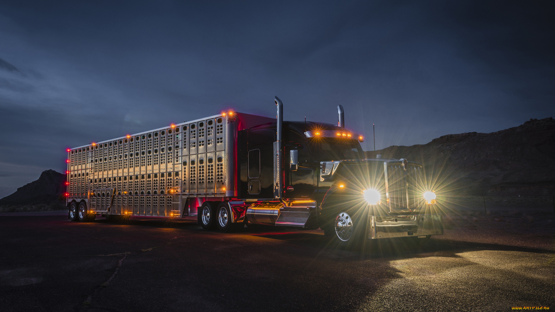 автомобили, kenworth, truck, ночь, фары