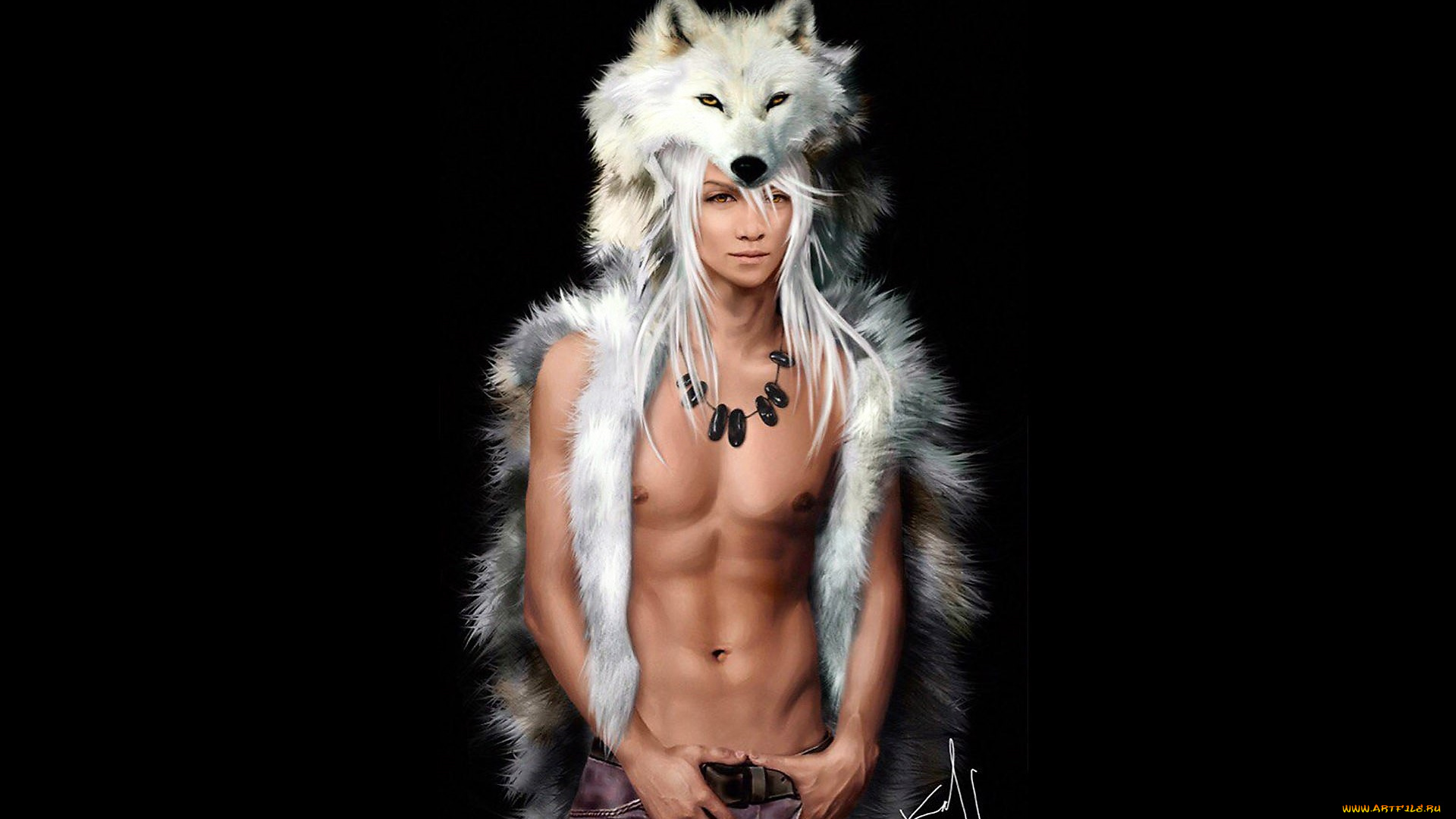 фэнтези, люди, парень, торс, шкура, волк