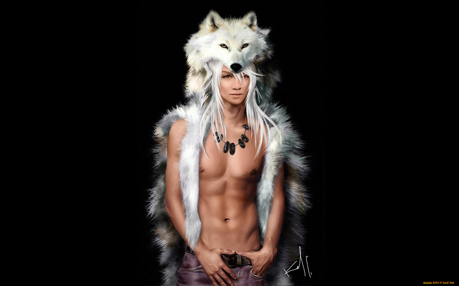 фэнтези, люди, парень, торс, шкура, волк